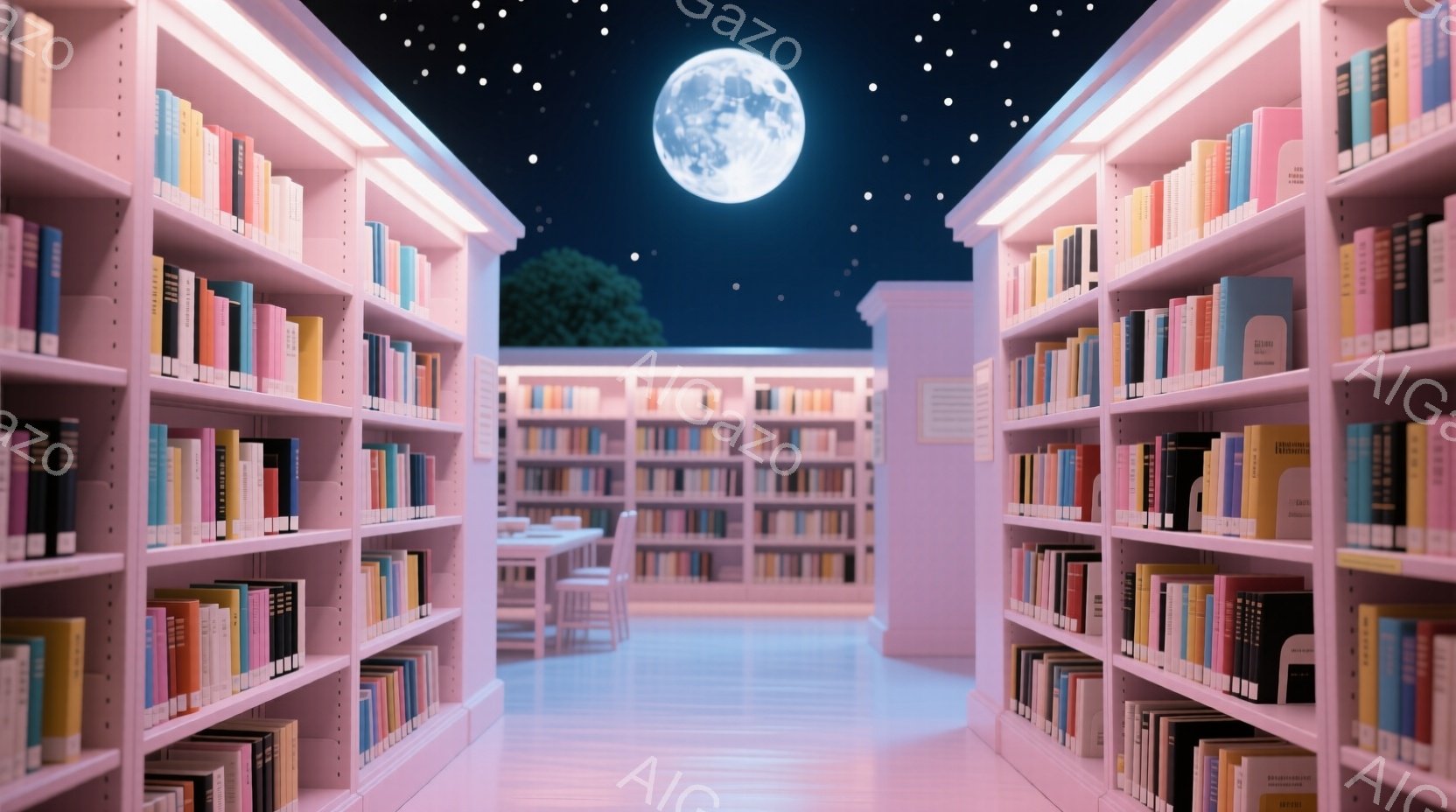 薄いピンク色の本棚が左右に長く並び、図書館の一室が描かれている。天井には星が輝き、窓からは満月が見える幻想的な空間であり、床や家具も薄いピンク色で統一され、柔らかく優しい雰囲気を醸し出している。無人の - AI生成フリー素材