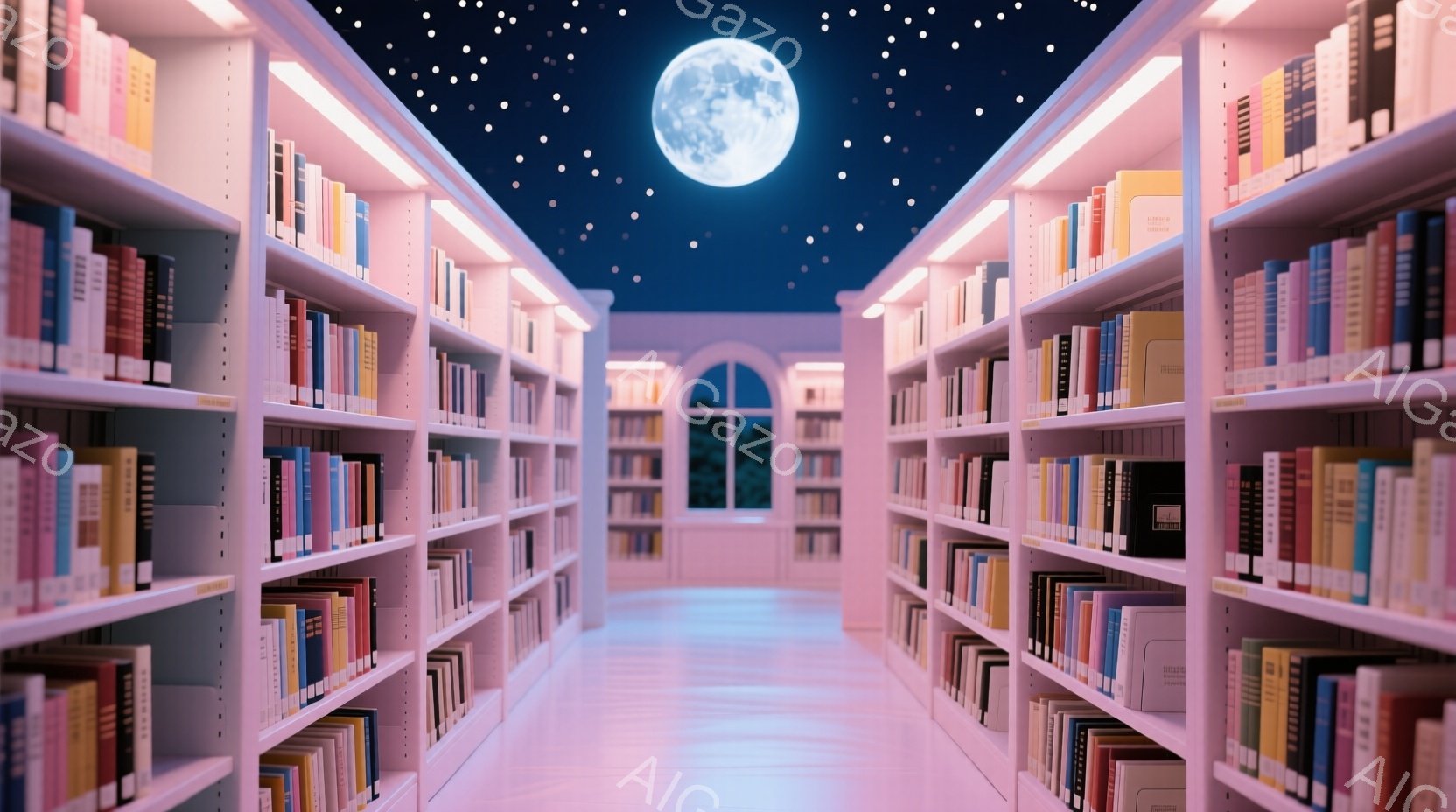 白い本棚が両側に並び、奥にはアーチ型の窓から夜空と満月が見える図書館の廊下です。本棚には様々な色の本が並び、廊下はピンク色の光で照らされ、幻想的な雰囲気を醸し出しています。夜空には星が散りばめられ、静 - AI生成フリー素材