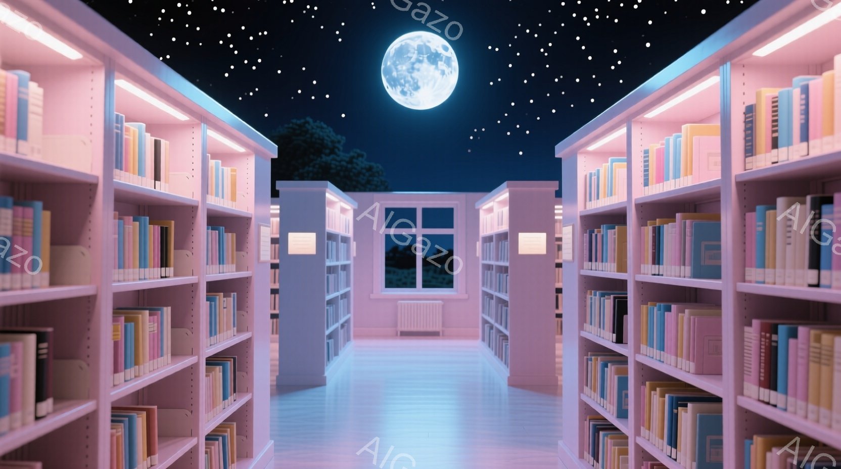 図書館の通路が、ピンクがかった薄明かりで照らされている。壁一面の本棚には色とりどりの本が並び、窓からは月明かりが差し込んでいる。通路の奥には窓が見え、夜空と月の光が静かで幻想的な雰囲気を醸し出している - AI生成フリー素材