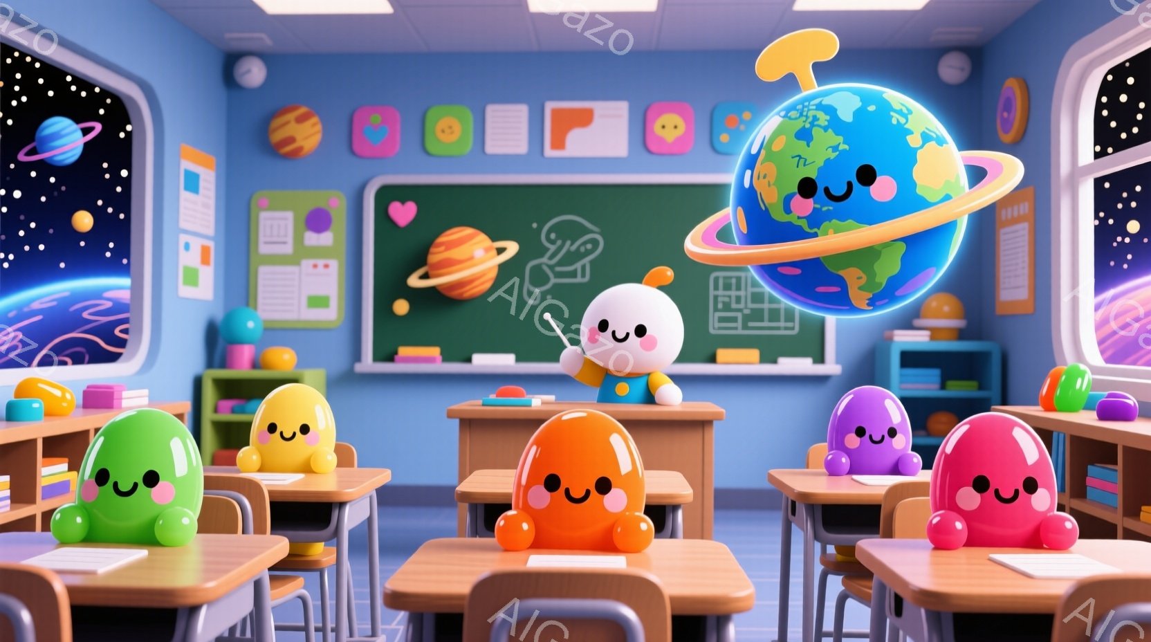 教室には、丸くてかわいらしいキャラクターたちが机に座って授業を受けています。地球の形をした大きなキャラクターが教室の真ん中で浮かび、先生役のようです。背景には黒板やカラフルな教材が並び、窓からは宇宙空間が垣間見え、楽しい学習空間を演出しています。