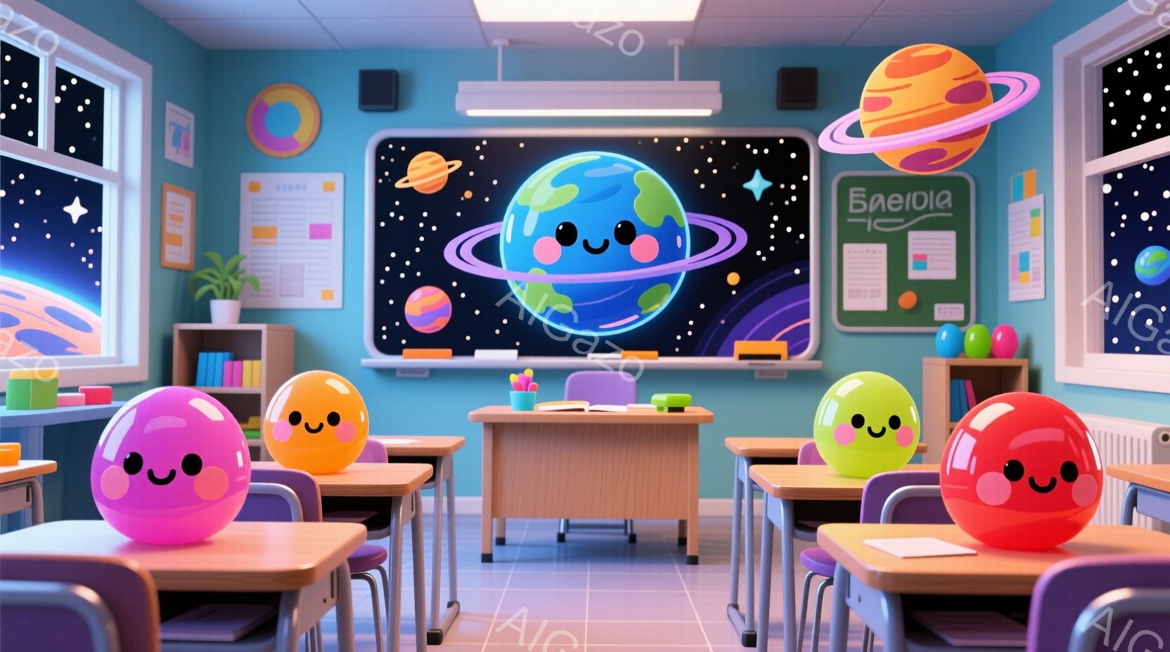 教室には、ピンク、赤、紫色の可愛らしい丸いキャラクターたちが浮遊しており、それぞれ笑顔で愛らしい表情をしています。背景には黒板があり、地球と様々な惑星が描かれており、教室全体が宇宙をテーマにした楽しい雰囲気です。教室には机と椅子が並び、カラフルな文房具や教材が置かれており、学習と遊びが融合した空間となっています。