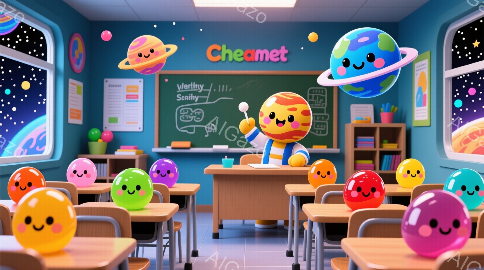 鮮やかな教室には、様々な色の惑星のようなキャラクターたちが座っています。一人のオレンジ色の惑星キャラクターが、教師のように講壇の前で立っており、自信に満ちた表情で何かを説明しているようです。背景には黒板、本棚、カラフルな机が並び、全体的に明るく、楽しげな雰囲気です。