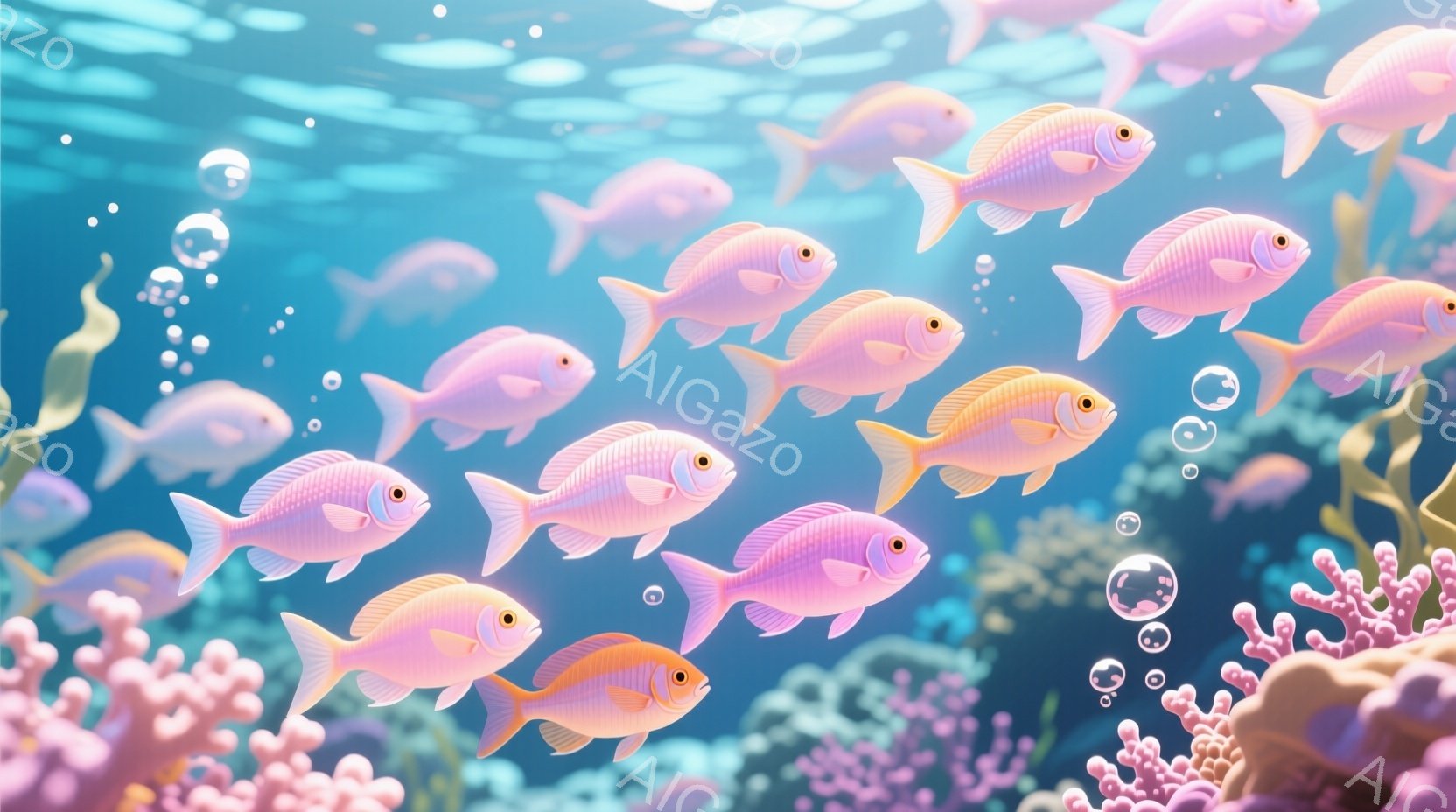 ピンクとオレンジ色の魚の群れが水中で泳いでいる様子が描かれています。背景には、ピンク色のサンゴ礁や海藻が見え、水中に泡が浮かんでいます。全体的に穏やかで幻想的な雰囲気で、水中の美しい世界が表現されてい - AI生成フリー素材