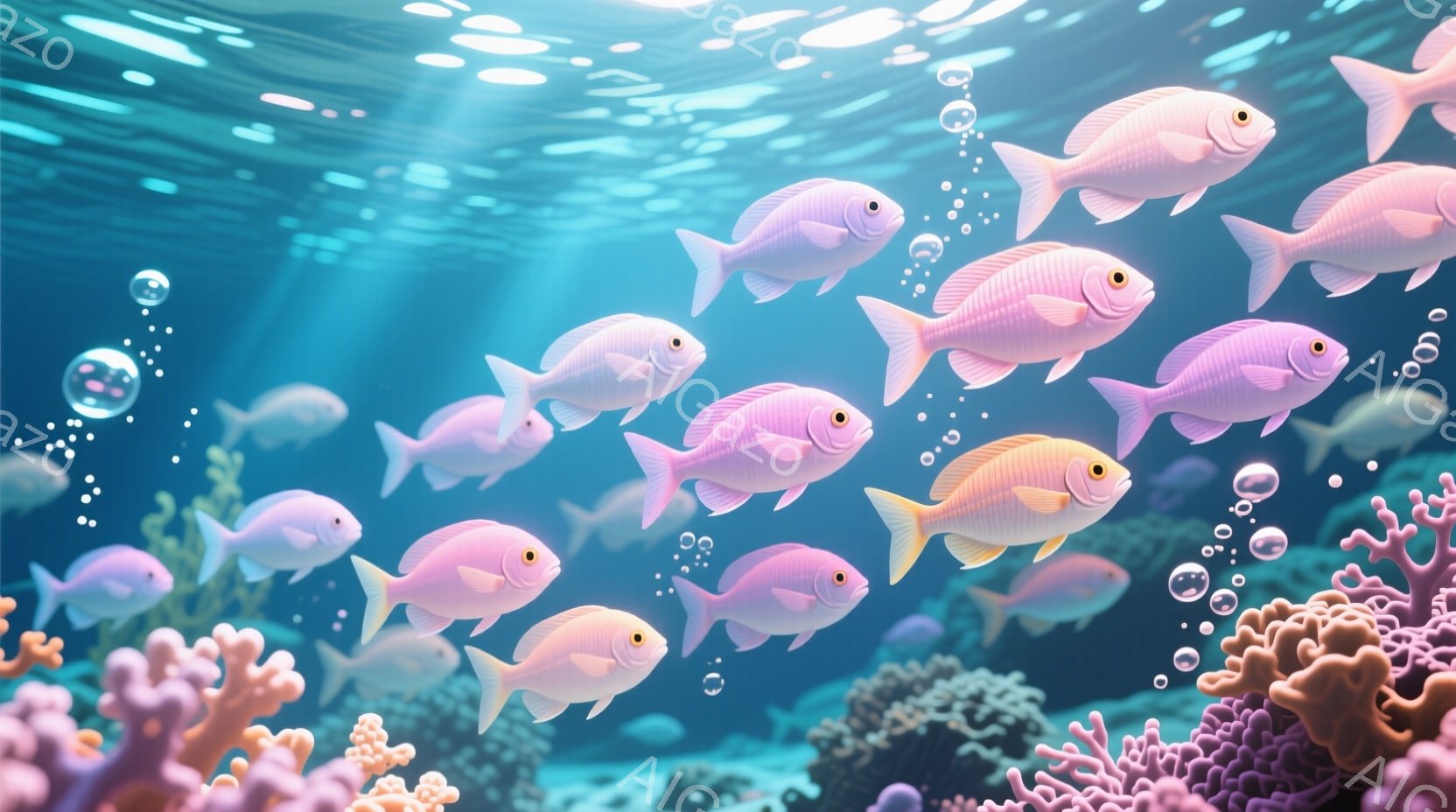 淡いピンクとオレンジ色の魚たちが、青い海中を群れをなして泳いでいる様子が描かれている。背景には、ピンクとオレンジ色のサンゴ礁が広がり、水中に漂う小さな泡がアクセントとなっている。全体的に穏やかで幻想的 - AI生成フリー素材