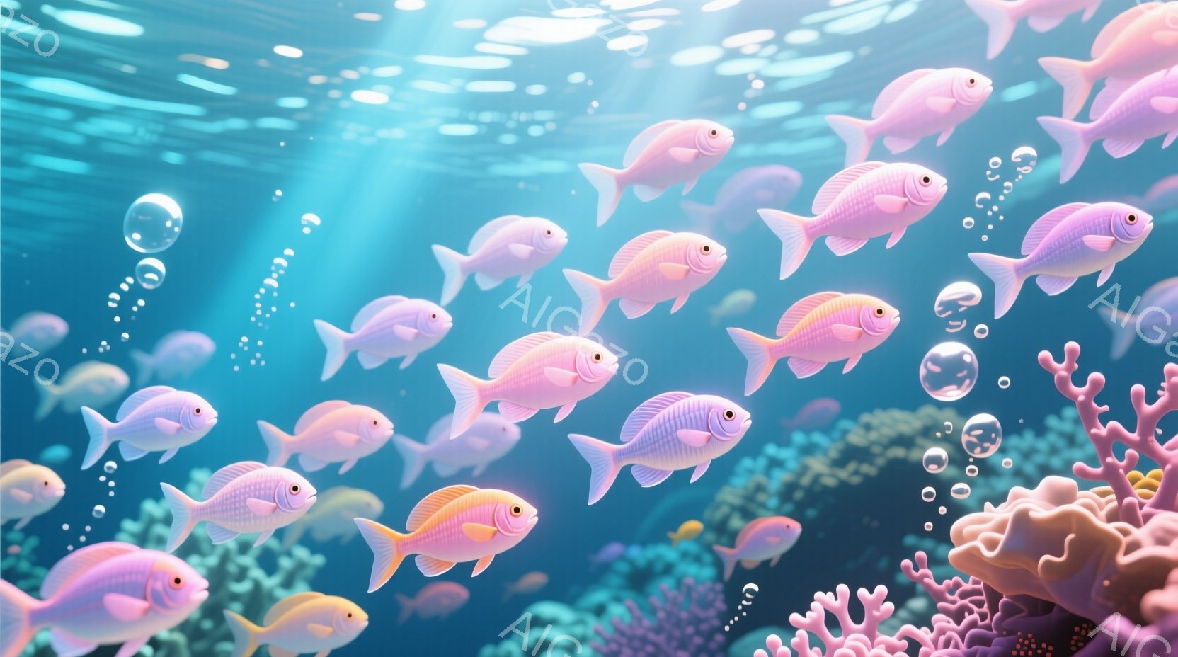 鮮やかな水中に、ピンク色の魚たちが群れをなして泳いでいる様子が描かれている。背景には珊瑚礁が広がり、水中に漂う泡が幻想的な雰囲気を醸し出している。全体的に明るく、穏やかな海の情景が表現されている。