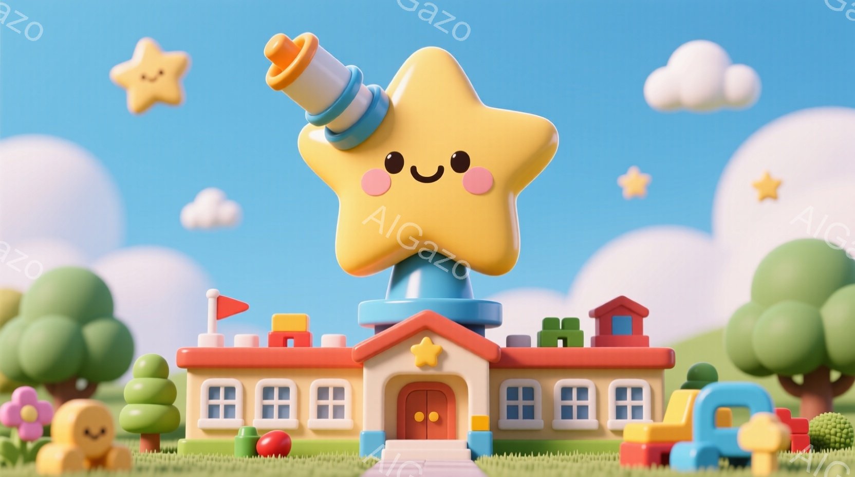 カラフルなパステルカラーの可愛らしい世界が描かれています。大きな星の形をした観測者が、ピンク色の建物と緑の木々が見える草原に立っており、明るい青空にはふわふわとした雲が浮かんでいます。全体的に暖かく、遊び心にあふれた雰囲気で、子供向けのイラストレーションのようです。