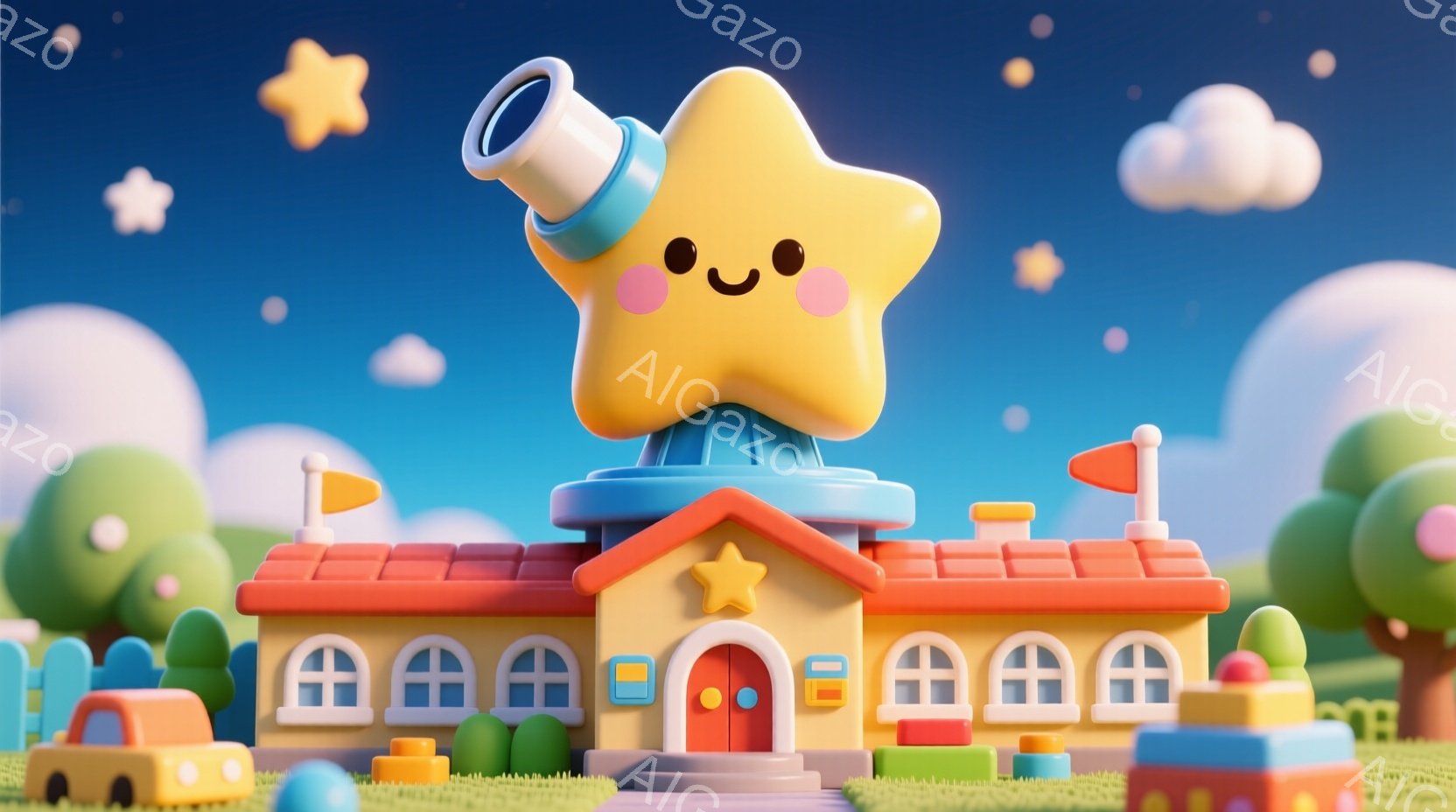 カラフルで可愛らしいイラストで、星の形をした建物が中央にあります。建物はオレンジ色の屋根と白壁で、窓は均等に並んでいます。背景には、緑の丘、青い空、そして雲が浮かび、全体的に明るく、夢のような雰囲気が - AI生成フリー素材