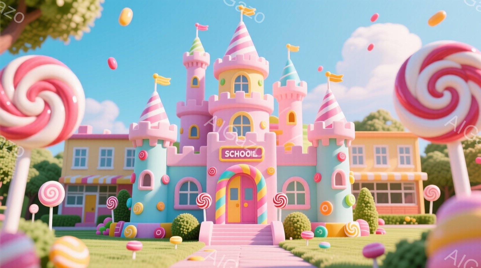 キャンディーのようなカラフルな外観の学校の建物です。ピンク色の城のような建物は、渦巻きキャンディーやカラフルなグミが散りばめられた庭園に囲まれており、おとぎ話のような夢幻的な雰囲気を醸し出しています。背景には青い空と緑の木々が広がり、明るく楽しい気分にさせてくれます。