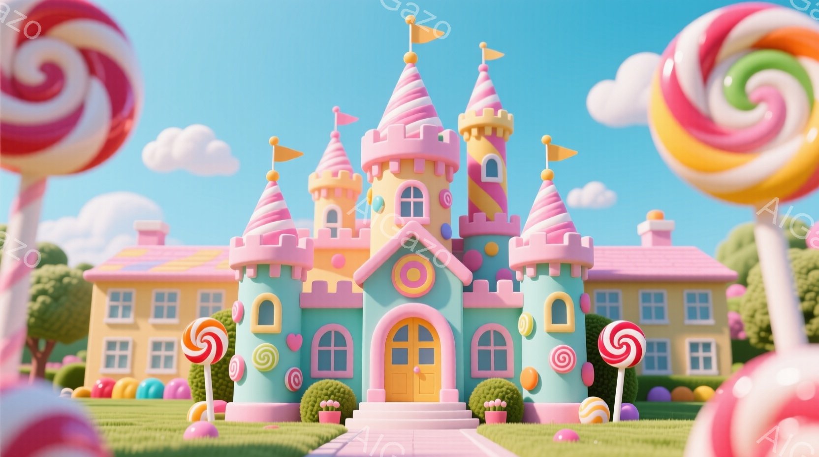 鮮やかなピンクとターコイズブルーの可愛らしいお城が、緑の芝生の中に建っています。巨大なキャンディが周りに配置され、まるで夢のようなお菓子の国のような雰囲気です。背景には、丸い雲と青い空が広がり、全体的 - AI生成フリー素材