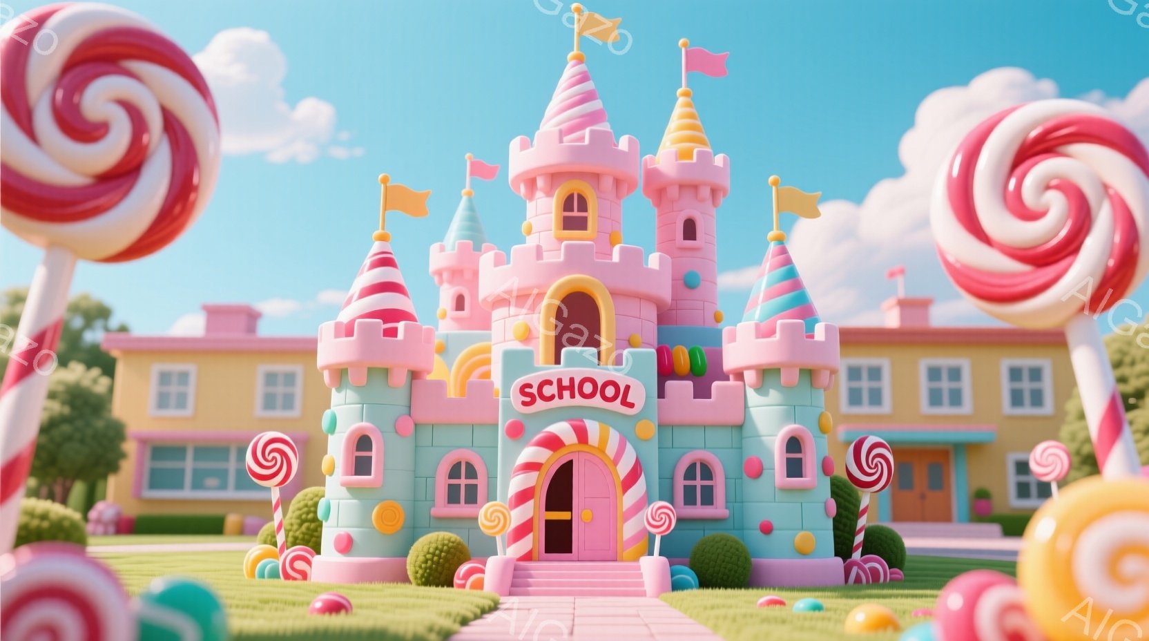 カラフルで夢のような学校が、緑の芝生の上に建っています。建物はピンクと水色のストライプで飾られ、キャンディのような装飾が至る所に散りばめられており、まるで童話の世界のようです。空は明るい青色で、白い雲 - AI生成フリー素材