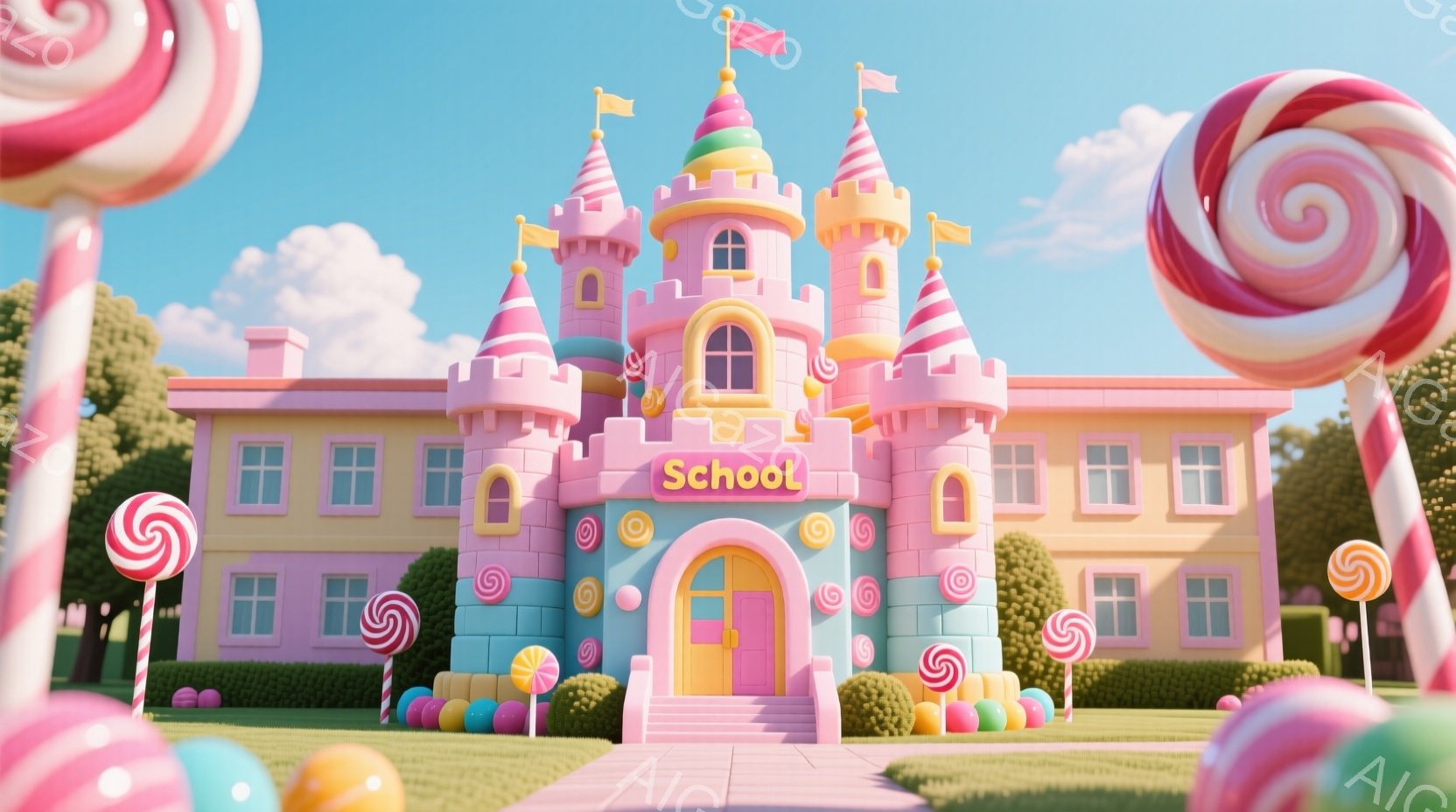 カラフルで可愛らしい学校が描かれています。ピンク、黄色、水色の建物は、キャンディのような装飾が施され、まるで夢のような世界です。背景には青い空と白い雲が広がり、明るく楽しい雰囲気を醸し出しています。 - AI生成フリー素材