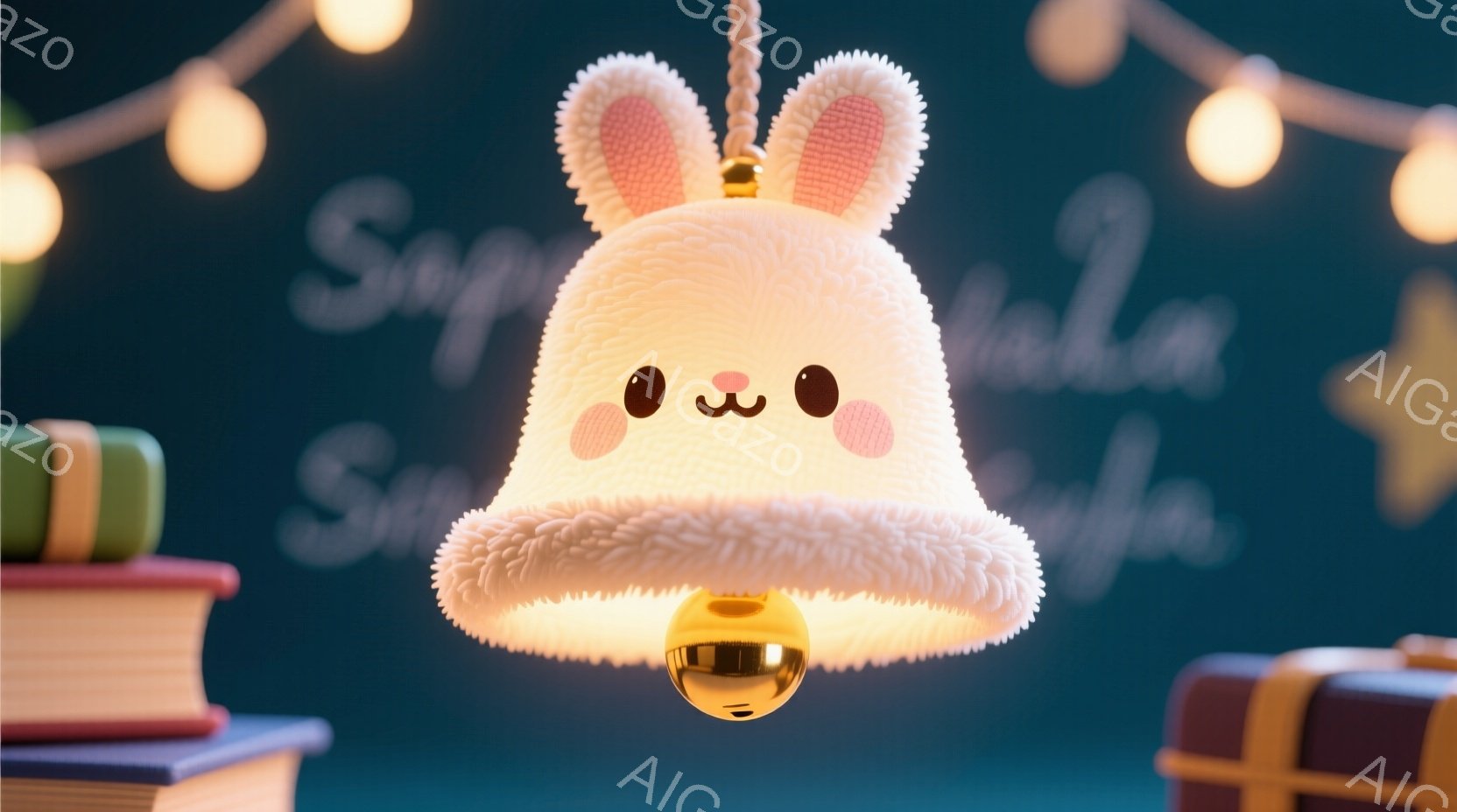 ふわふわの白い毛並みを持つウサギの形をしたベルが、画面中央に吊り下げられています。ベルの内部は温かい光を放ち、その下には金色のかわいい球体があります。背景には、積み重ねられた本とプレゼントボックス、そしてぼんやりとした文字と星形の光が散りばめられており、温かく幻想的な雰囲気を醸し出しています。