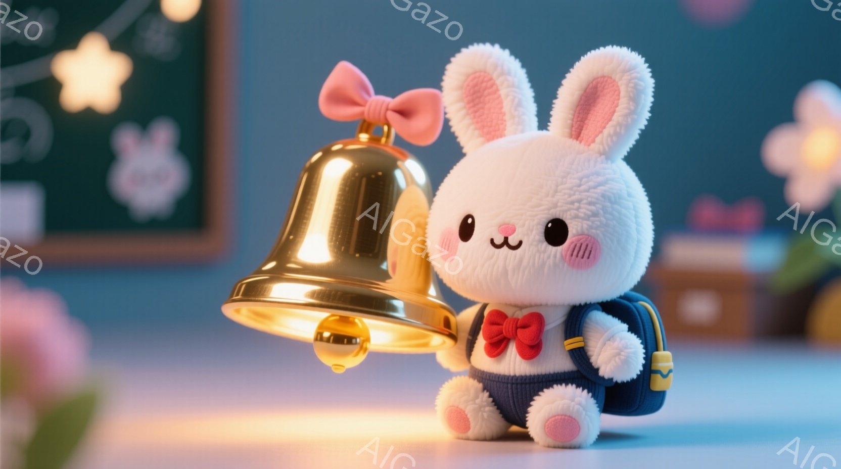 ふわふわの白いウサギが、赤いリボンと紺色のリュックサックを身につけて立っています。ウサギは少し上目遣いで、小さなピンク色の頬と可愛らしい表情をしています。背景には緑色の黒板と、ぼやけたピンク色の花があ - AI生成フリー素材