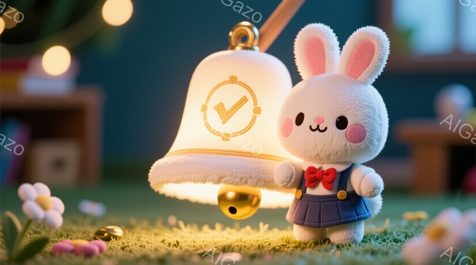 ふわふわの白いウサギが、電球を覆う白いベル型の照明の前に立っています。ウサギは紺色の制服のような服を着て、赤いリボンで可愛らしく飾られています。背景には緑の草地とぼやけた建物、そして暖かい光の玉が散りばめられており、全体的に幻想的で温かい雰囲気を醸し出しています。