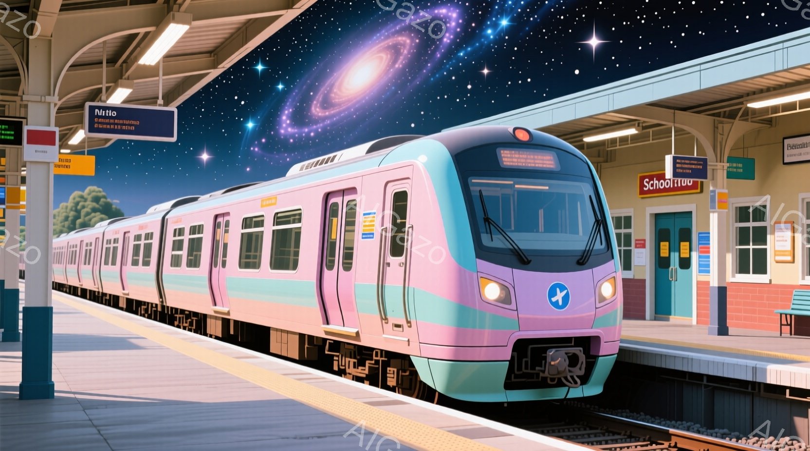 鮮やかなピンクと水色のストライプが施された未来的な電車が、プラットフォームに停車している。夜空には星と銀河が広がり、まるで夢の中のような幻想的な雰囲気を醸し出している。プラットフォームには案内板やベン - AI生成フリー素材