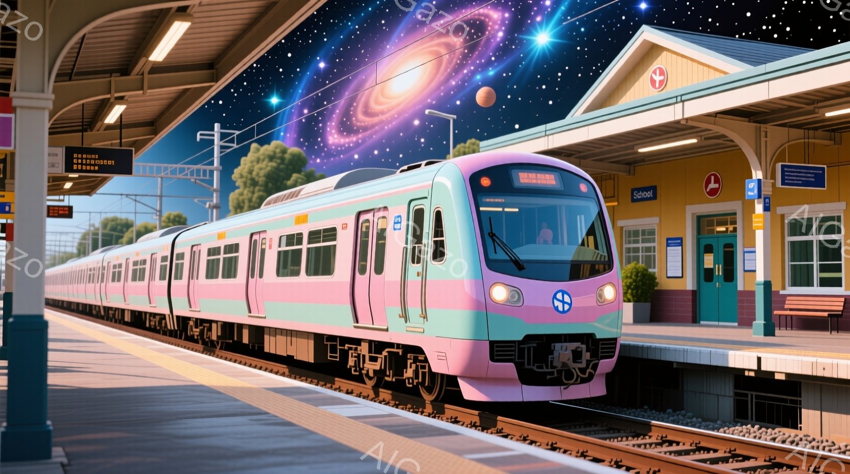 明るいピンクと水色の列車が駅のプラットフォームに停車しており、車内には運転手が確認できます。背景には緑豊かな木々が見え、空には幻想的な星雲と光の筋が広がっており、駅舎はターコイズブルーとクリーム色で彩られています。 全体的に、夢のような、どこか未来的な雰囲気を醸し出しています。