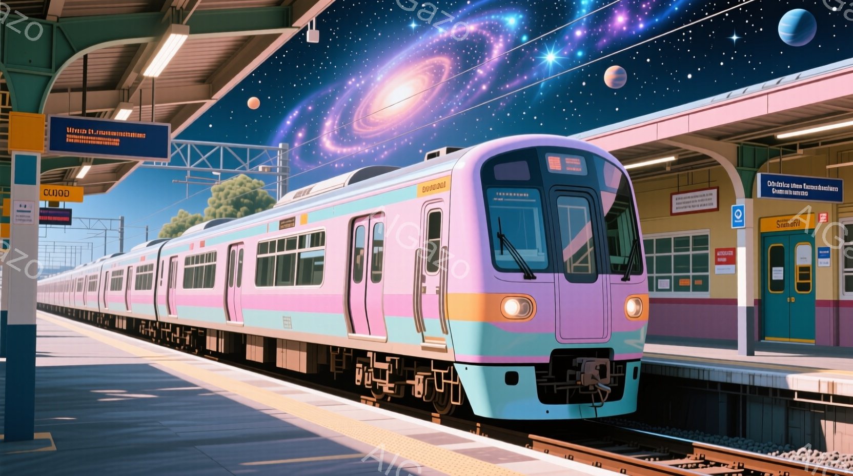 鮮やかなピンクと紫色の列車が駅のプラットフォームに停車しており、背景には星雲が広がり幻想的な雰囲気を醸し出しています。 駅の看板や照明が列車を照らし、未来的な光景を強調しています。 全体的に、夢のような、あるいは異世界への旅立ちを連想させるイメージです。