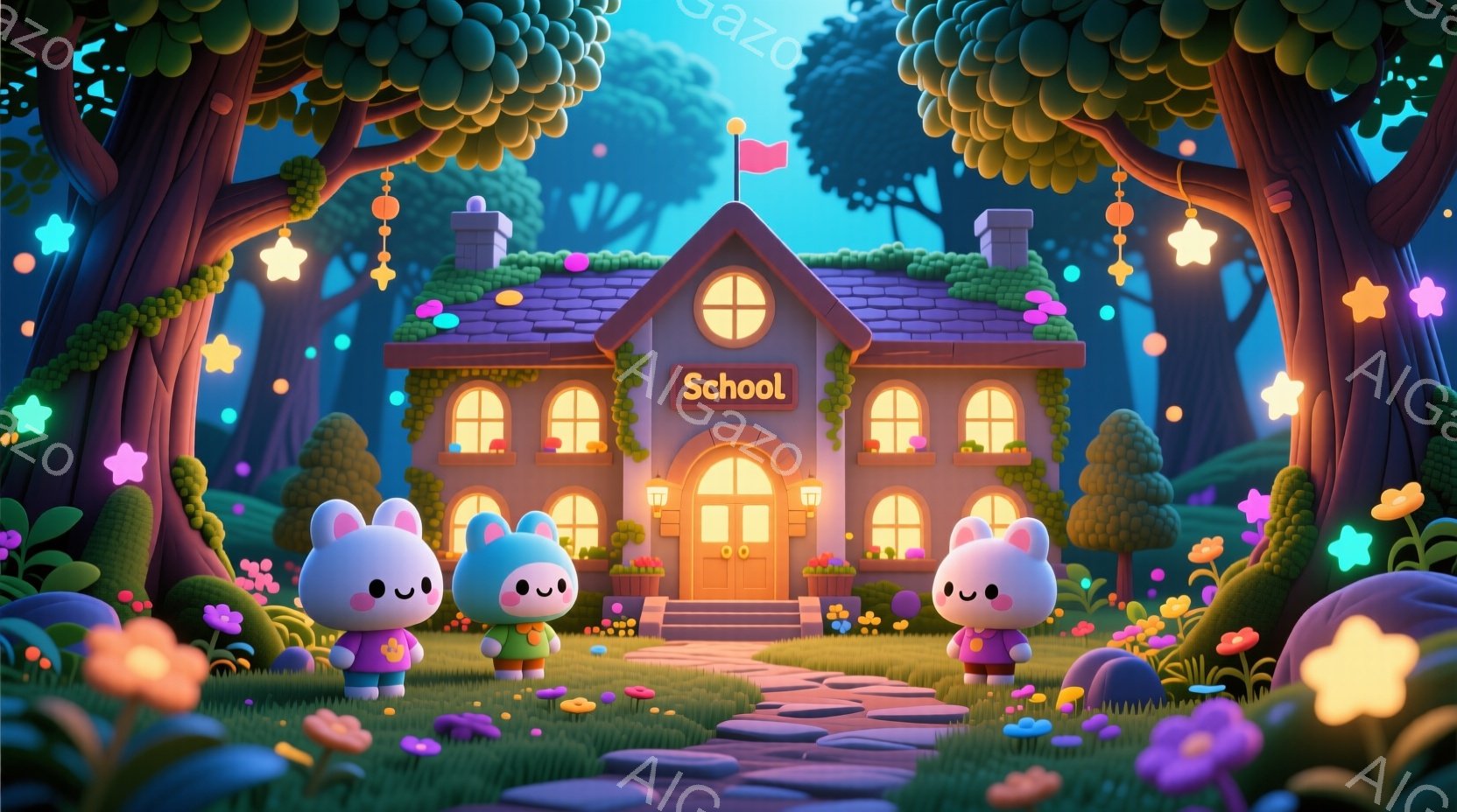 可愛らしいウサギのキャラクターが三体、ピンク色のワンピースを着て立っています。彼らは大きなつぶらな瞳とほのかな笑顔で、活気のある緑色の草原と、鮮やかな花々、そして背景の童話のような学校の建物に囲まれて - AI生成フリー素材