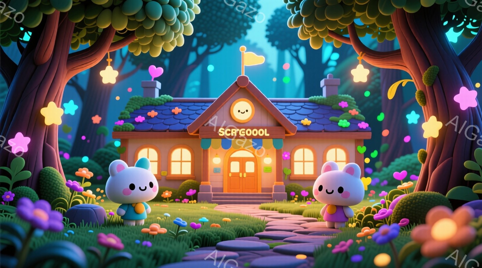 鮮やかな色彩で彩られたファンタジーな森の中に、可愛らしいキャラクターが二人並んでいます。ピンク色のふわふわした姿に、それぞれ青と赤のオーバーオールを着ており、つぶらな瞳と穏やかな表情が印象的です。背景 - AI生成フリー素材