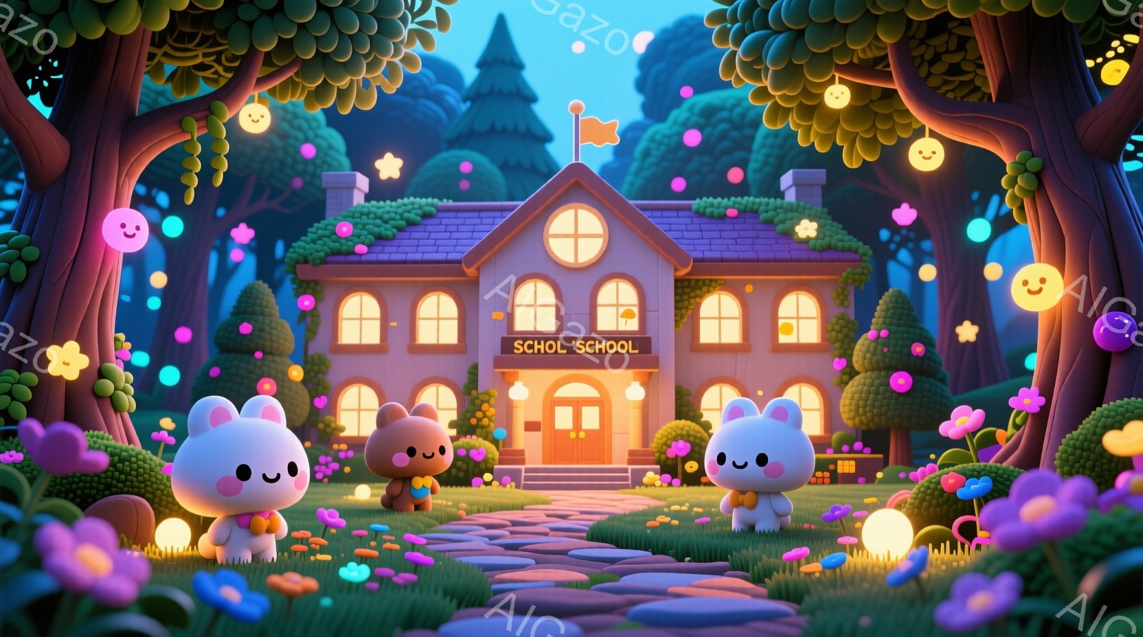 可愛らしいウサギのキャラクターが3体、学校の前に立っています。彼らはそれぞれ異なる色の服を着ており、ピンク、茶色、白の可愛らしい衣装に身を包み、単純ながらも愛らしい表情を浮かべています。背景には、緑豊 - AI生成フリー素材