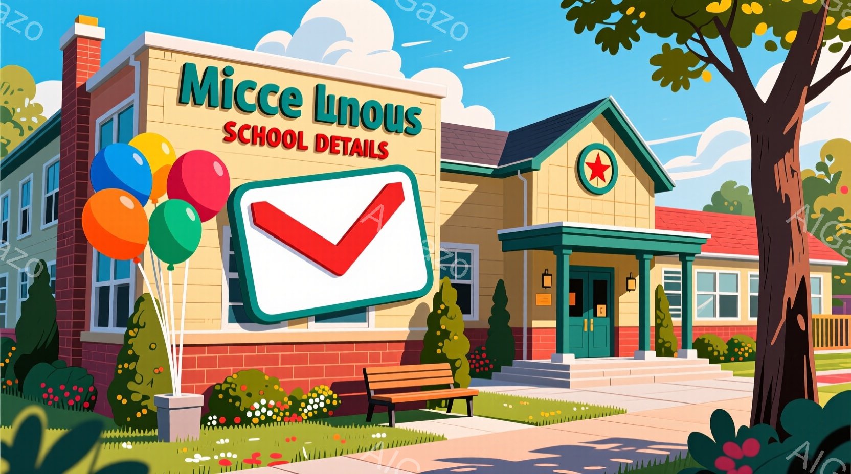明るい色彩で描かれた小学校の外観で、レンガ造りの建物に緑色の屋根が特徴的です。入り口には「Micce Lnous」と書かれた看板があり、バルーンや花壇が学校を華やかに彩っています。青空と緑豊かな木々が背景にあり、子供たちが楽しく学べるような、活気あふれる雰囲気が感じられます。