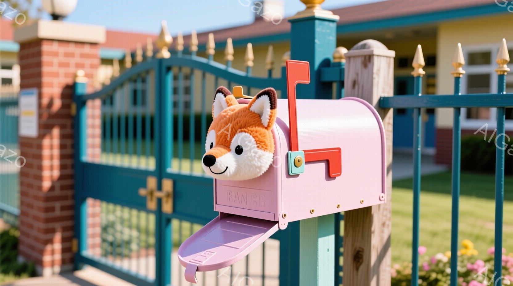 子供向けの学校前の郵便ポストを見るような写真です。中央にあるメイルボックスにフリーズ（人形）が取り付けられており、フリーズは赤いコートを着ており、白い髪を持っています。 背景には校庭の様子があり、青色の手綱と門が見えます。 構成は明るく、ポストの周りは清潔で、雰囲気は親切で安心になっています。