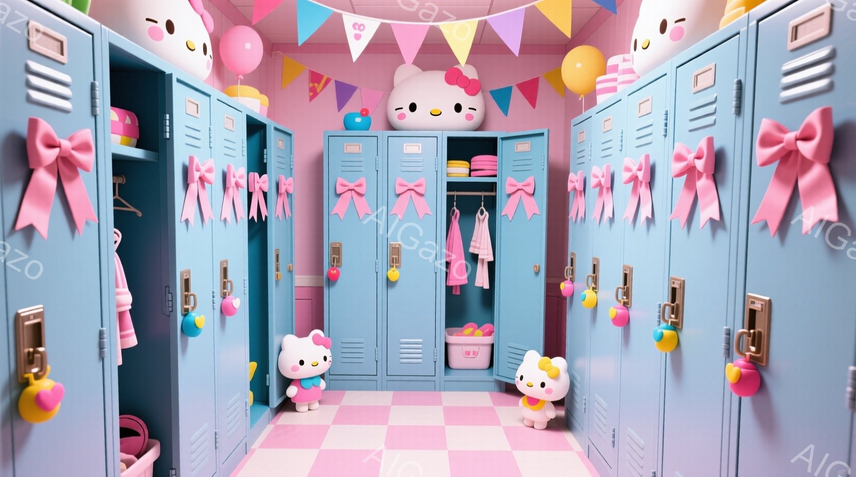 明るい水色のロッカーが並んだ空間に、ハローキティが2体立っています。どちらも特徴的なリボンと頬の赤い丸が可愛らしく、片方はピンク、もう片方は紫色の服を着ています。ロッカーにはピンクのリボンと、黄色いクマのキーホルダーが飾られており、天井にはカラフルなガーランドが飾られていて、全体的に明るく楽しい雰囲気が漂っています。