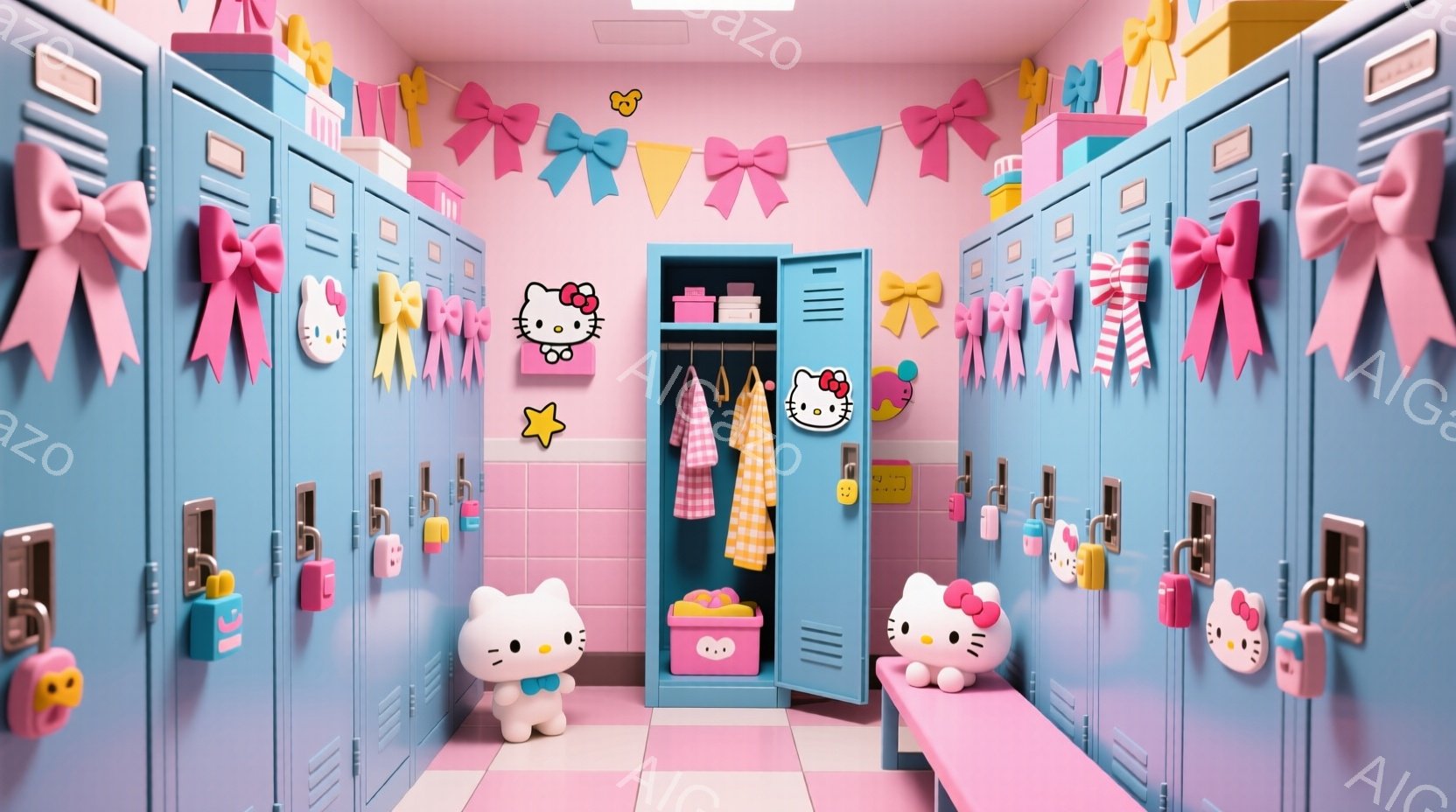 ハローキティをテーマにしたロッカー室を描いています。水色のロッカーがピンクの壁に沿って並び、それぞれにキティちゃんのモチーフやリボンが飾られています。ロッカーの前に小さなキティの人形がいくつか置かれ、可愛らしい雰囲気を醸し出しています。