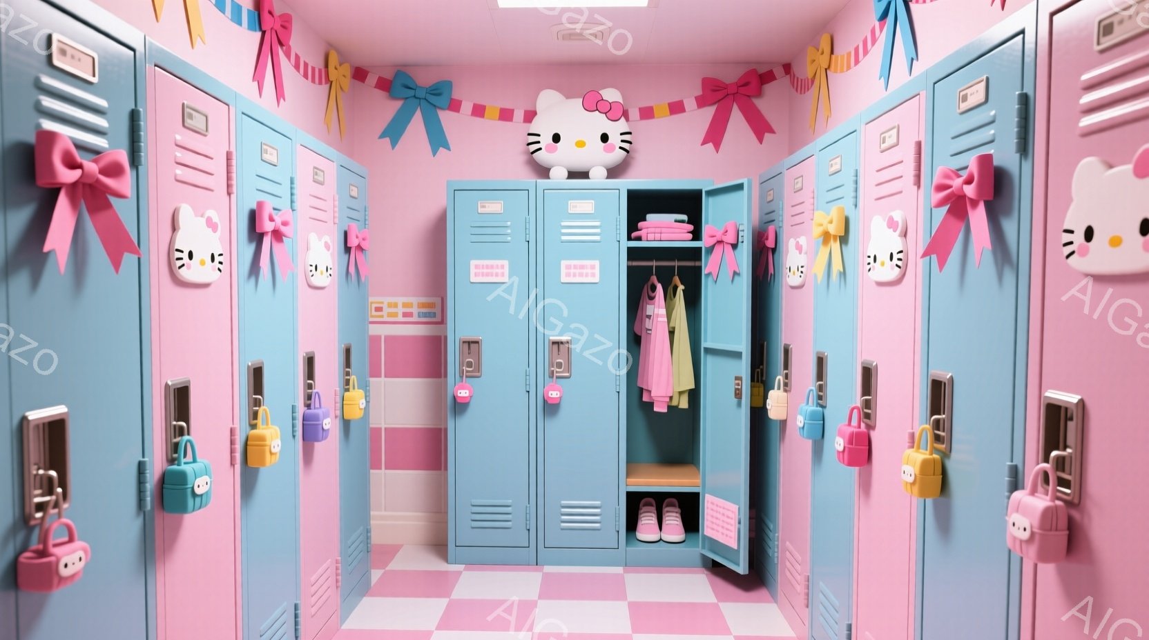ピンクと水色のロッカールームを描いています。各ロッカーにはハローキティの顔が描かれ、可愛らしいリボンと南京錠で飾られています。内部にはピンク色の制服やタオルが掛かっており、全体的に明るく、甘くて夢のような雰囲気が漂っています。