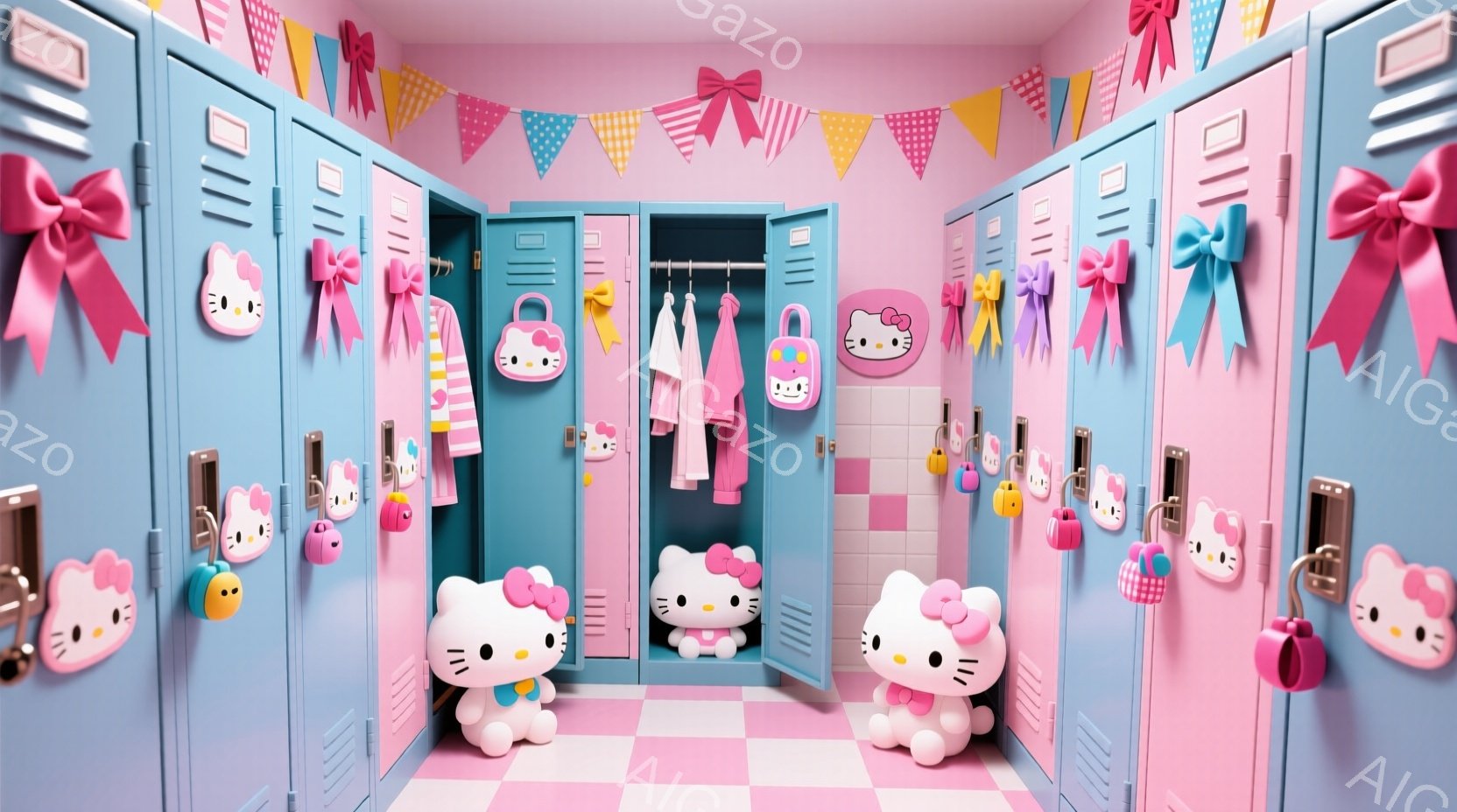 ターコイズブルーとピンクのロッカーが並び、それぞれに可愛らしいハローキティのモチーフが飾られています。開いたロッカーの中には、ピンクと白の服が並び、ハローキティのイラストが描かれたハンガーが吊るされています。床はピンクと白のチェック模様で、全体的に明るく可愛らしい雰囲気が漂っています。