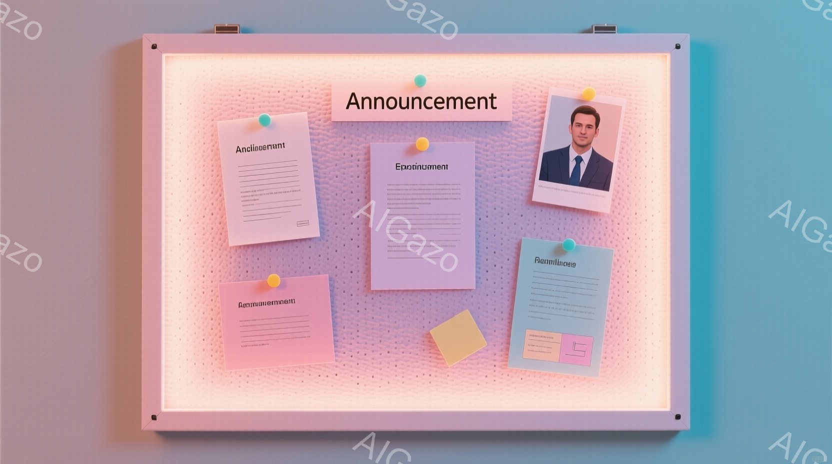 ピンク色のコルクボードに、いくつかのメモが画鋲で留められています。メモには「Announcement」という文字が書かれており、右上には男性の写真が貼られています。男性は紺色のジャケットと白いシャツを着ており、穏やかな表情でカメラを見ています。