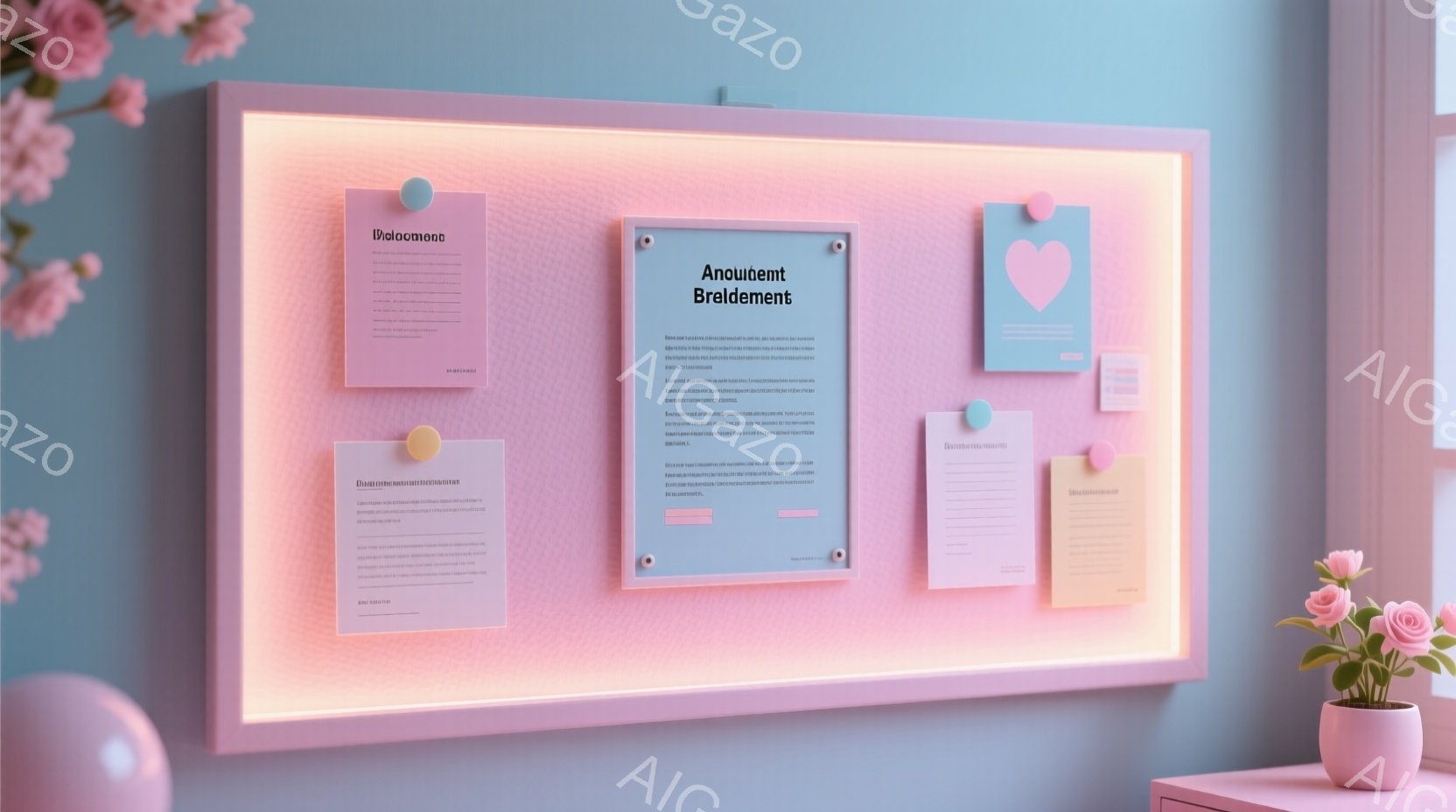 薄いピンク色の壁に、ネオンライトで縁取られたコルクボードが飾られています。コルクボードには、「Appointment」と書かれたメモや紙片がピンで留められており、右下には淡いピンク色の花瓶にピンク色のバラが活けられています。全体的に柔らかいパステルカラーで統一され、フェミニンで可愛らしい雰囲気を醸し出しています。