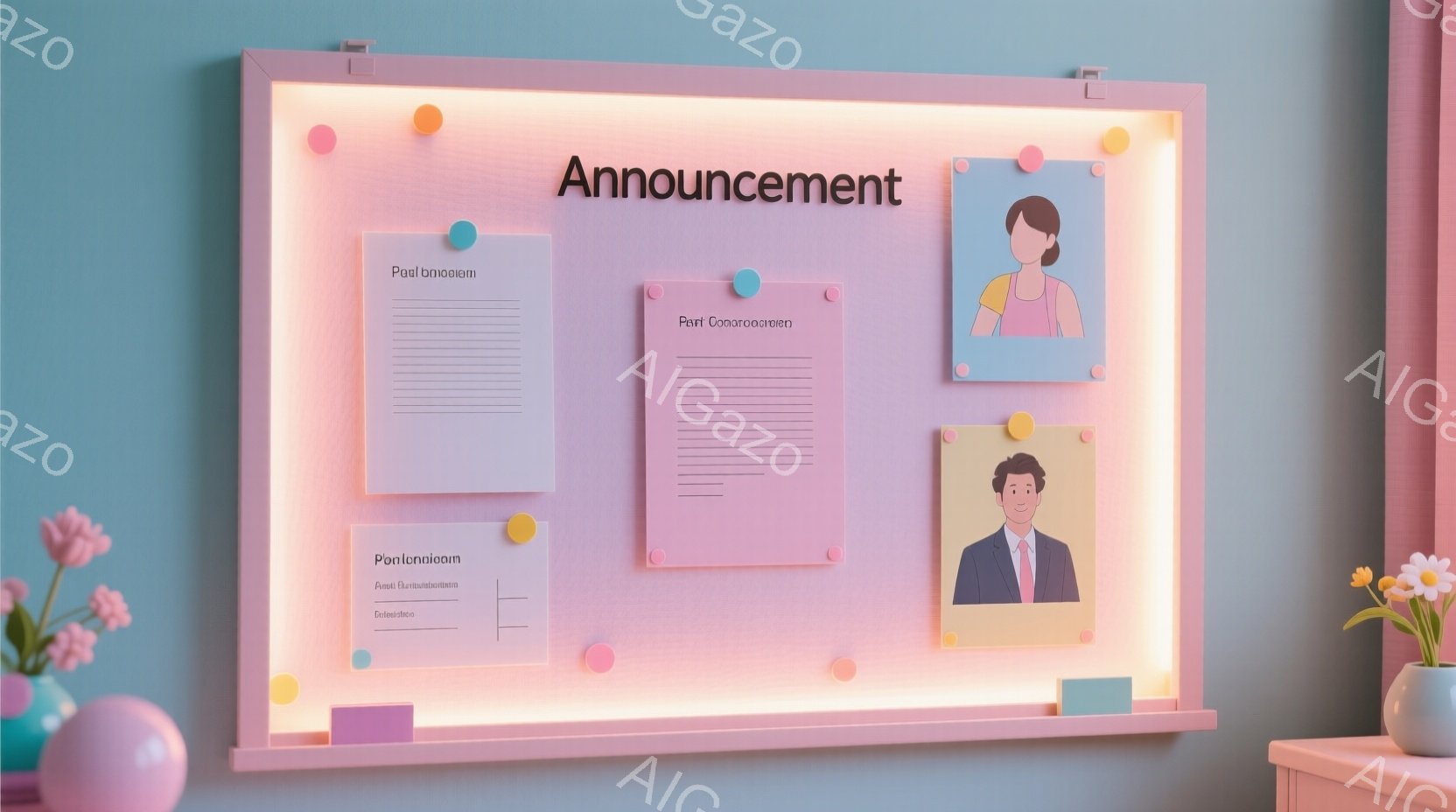 ピンク色の壁に、コルクボードが貼られており、複数の写真とメモがピンで留められています。写真はそれぞれ、笑顔の女性と男性で、服装はカジュアルで、それぞれ異なる背景色をしています。背景には、ピンクと水色の - AI生成フリー素材