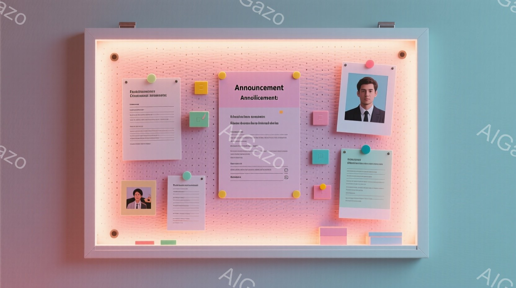 現代的なオフィスのような場所にある、LEDライトを使用したポストイットボードです。ポストイットボードには紙製のカードが貼られており、これらのカードには企業内での協力やプロジェクトの進捗状況が記載されています。 ポストイットボード上には、3つの人物の写真が表示されているようです。それぞれが異なる服装や髪型をしており、彼らが集中して仕事に取り組んでいることを示唆しています。背景は暖かった色合いであり、現代的なオフィスの雰囲気が感じられます。ポストイットボードは照明されており、特に紫と青のLEDライトが強調されていることが注目されます。