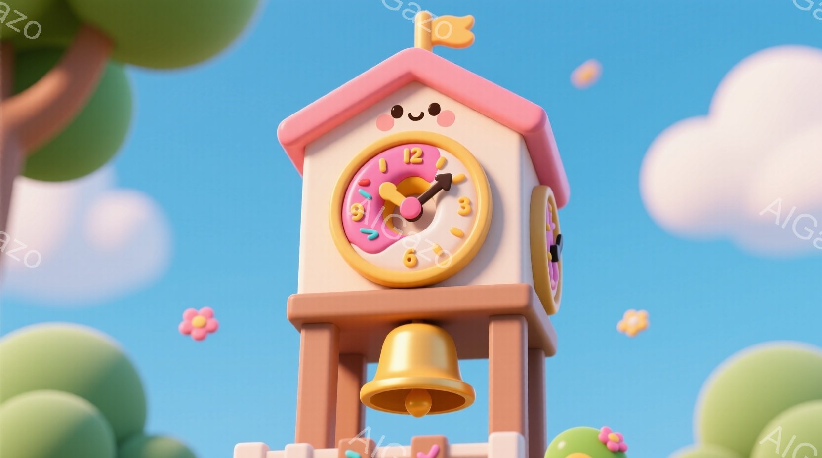 明るい青空の下、可愛らしい鐘楼が描かれています。ピンク色の塔には笑顔の顔が描かれており、温かみのある雰囲気を醸し出しています。背景には、緑の木々やピンクの花、そして白い雲が浮かび、夢のような世界観を演出しています。