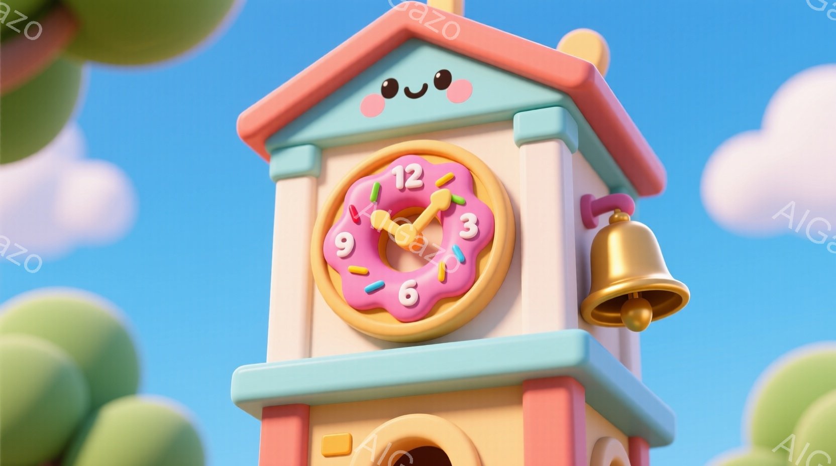 明るいパステルカラーの時計台が写っています。時計の文字盤はドーナツの形をしており、愛らしい表情が特徴です。背景には、緑の木々とふわふわとした雲が広がり、全体的に甘くて優しい雰囲気です。