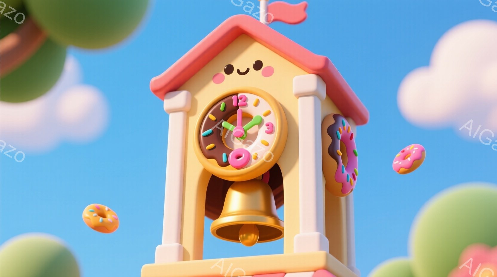 鮮やかな青空を背景に、可愛らしい鐘楼が浮かんでいます。クリーム色とピンク色の鐘楼には、ドーナツが飾り付けられており、時計の針は3時を指しています。全体的にパステルカラーで、遊び心があり、楽しげな雰囲気が漂っています。