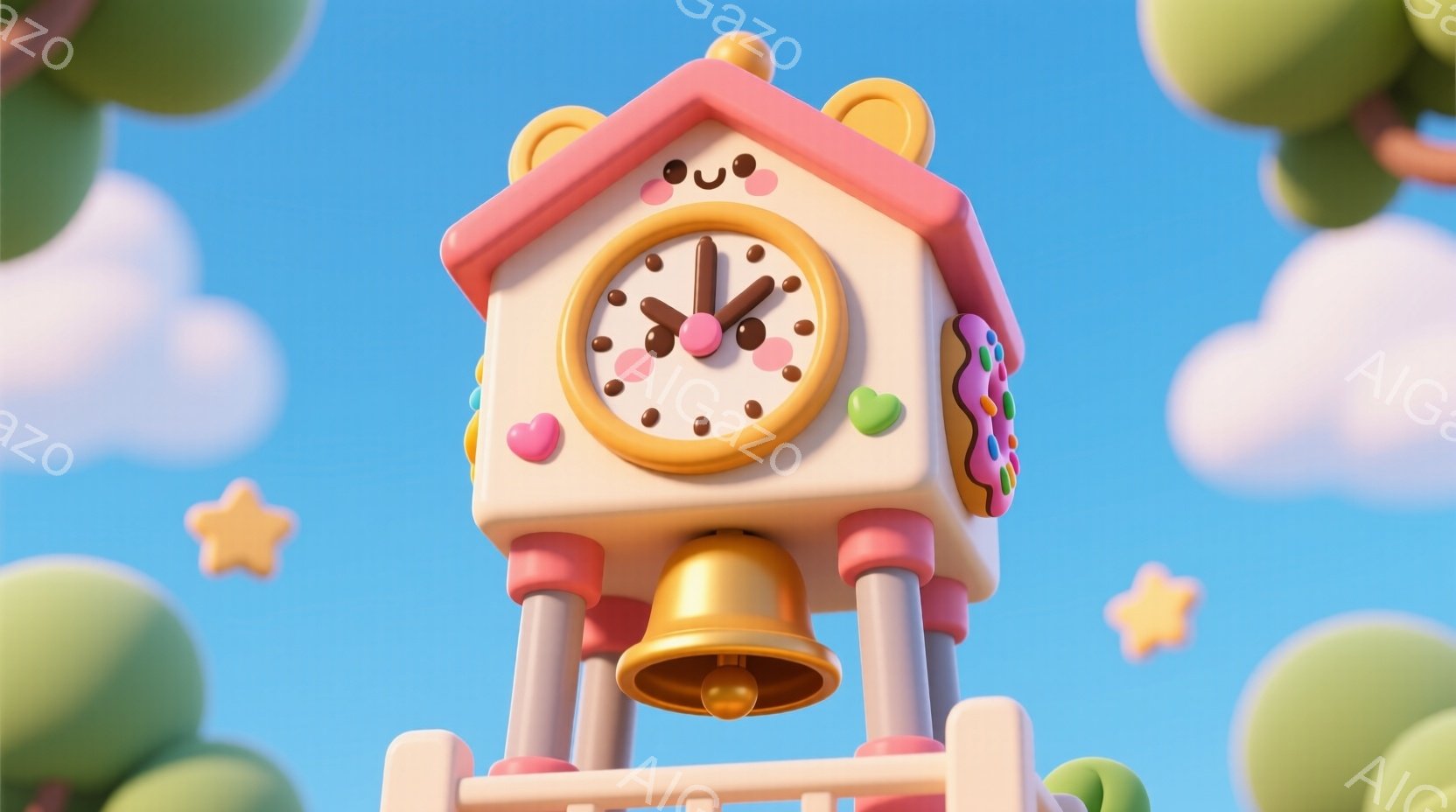 鮮やかな青空を背景に、可愛らしい塔が描かれています。塔はピンク色を基調とし、ドーナツやキャンディのような装飾が施され、まるでスイーツのようです。背景には、丸い緑の物体と星が浮かび、明るく楽しい雰囲気を醸し出しています。