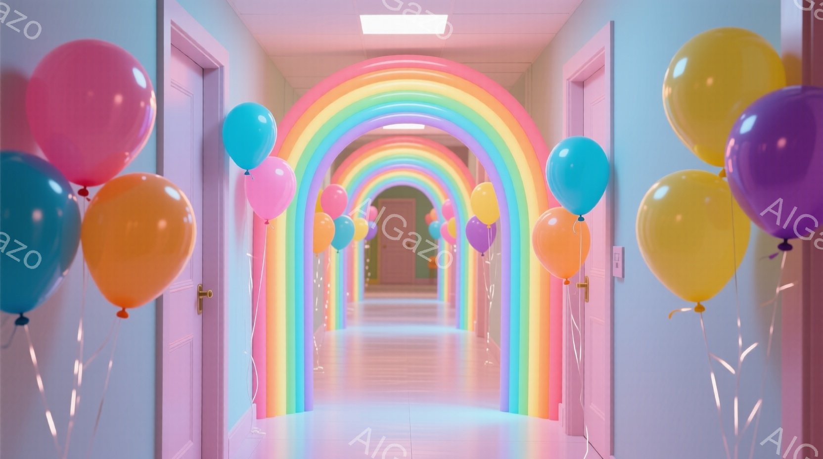 薄いピンク色の廊下に、虹色のアーチが設置され、色とりどりの風船が両側に飾られています。廊下には扉が並び、白を基調としたシンプルな内装で、明るく華やかな雰囲気が漂っています。全体的に夢のような、お祝いの - AI生成フリー素材