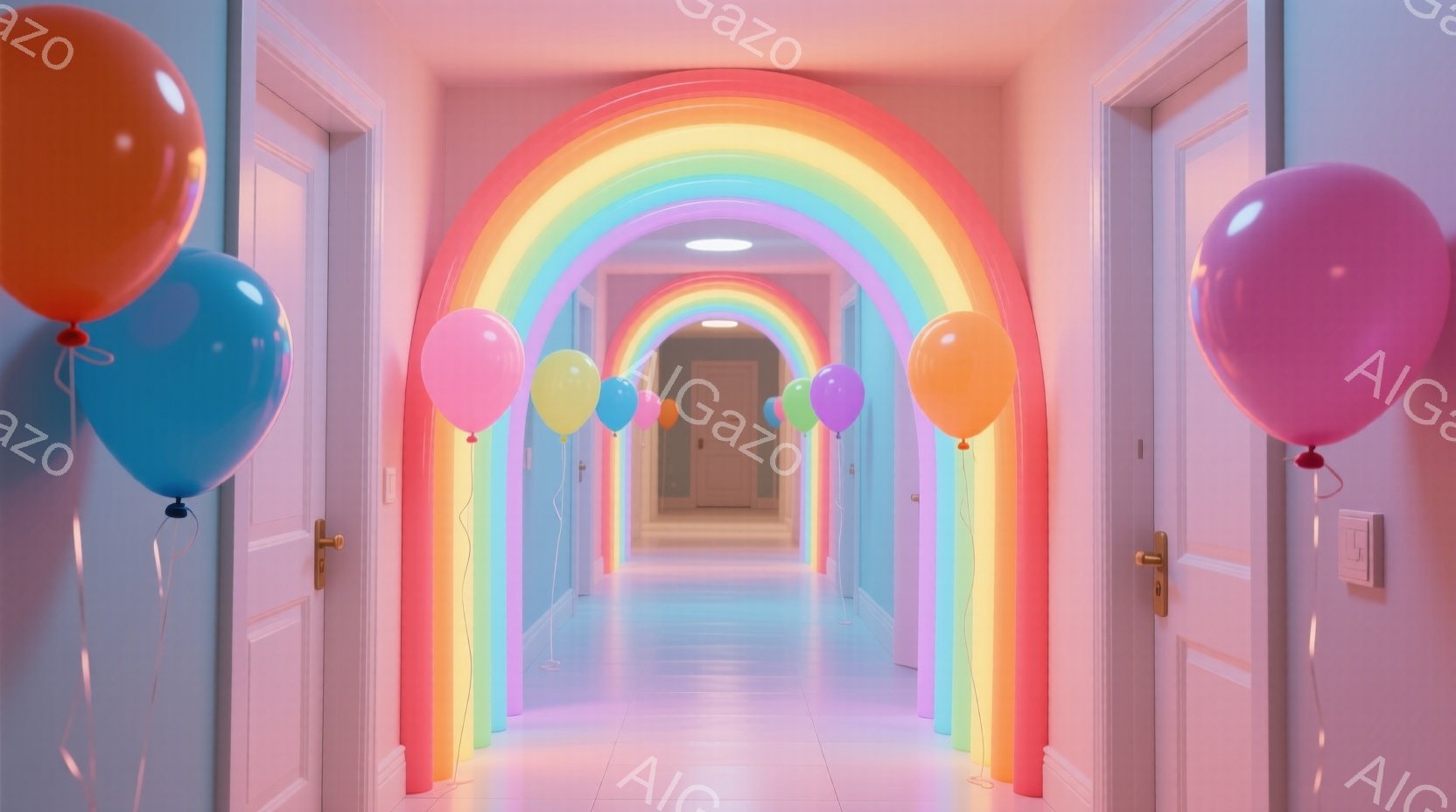 長い廊下には、虹色の光がアーチ状に広がっており、壁はパステルカラーで塗られています。廊下には、オレンジ、青、ピンク、黄色の風船が吊り下げられており、お祝いやパーティーの雰囲気を示唆しています。床は光沢 - AI生成フリー素材