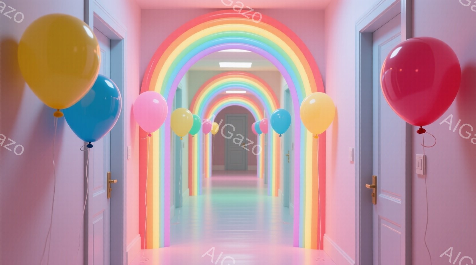 薄いピンク色の廊下に、虹色の光がアーチ状に並んでいます。白のドアが等間隔に配置され、それぞれのドアには金色の取っ手が付いています。カラフルな風船が廊下の両側に浮かんでおり、お祝いや楽しい雰囲気を演出し - AI生成フリー素材