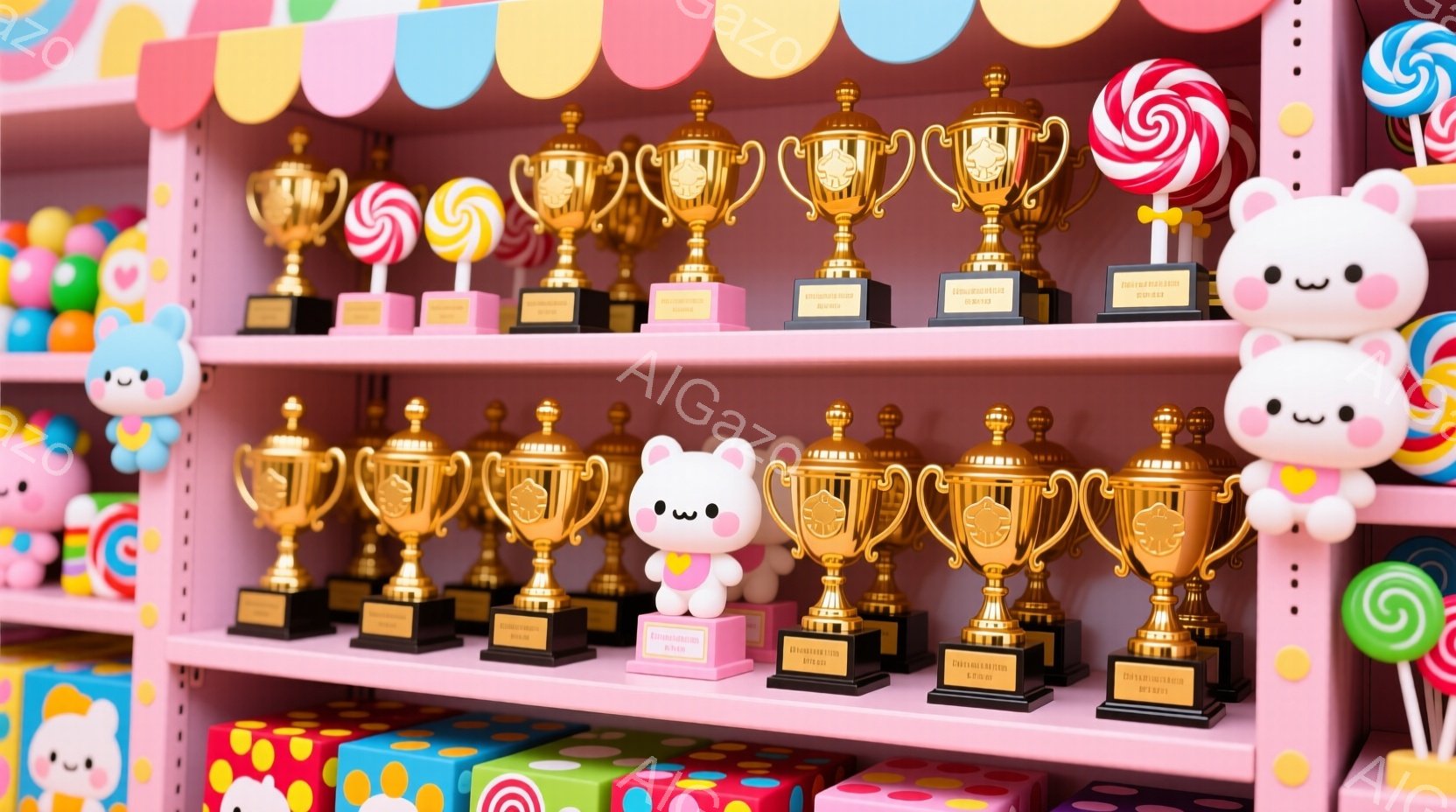 ピンクの棚に金色のトロフィーが並んでいます。トロフィーの間には、ピンク色のウサギと、カラフルなキャンディの飾りがあります。背景はパステルカラーで、お祭りや遊園地のような、明るく楽しい雰囲気が漂っていま - AI生成フリー素材