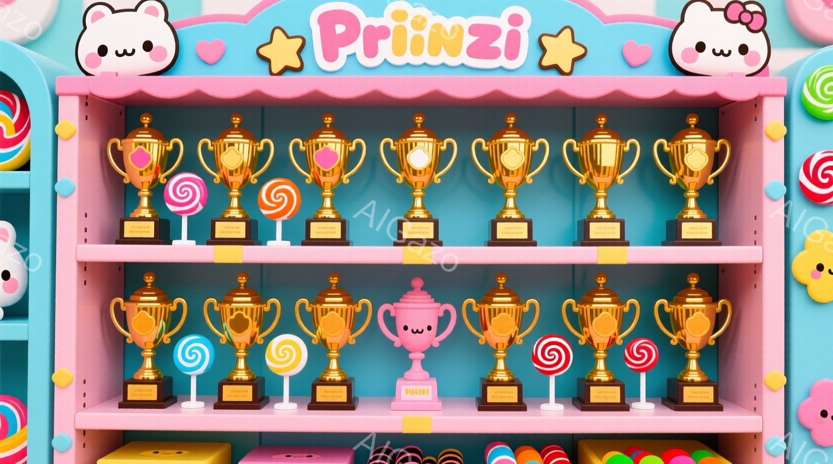 ピンク色の棚に金色のトロフィーとキャンディーが並んでいます。トロフィーはすべて同じデザインで、キャンディーは赤と緑の渦巻き模様です。全体的に、甘くて可愛らしい雰囲気で、まるで夢のようなお菓子の国にいるようです。