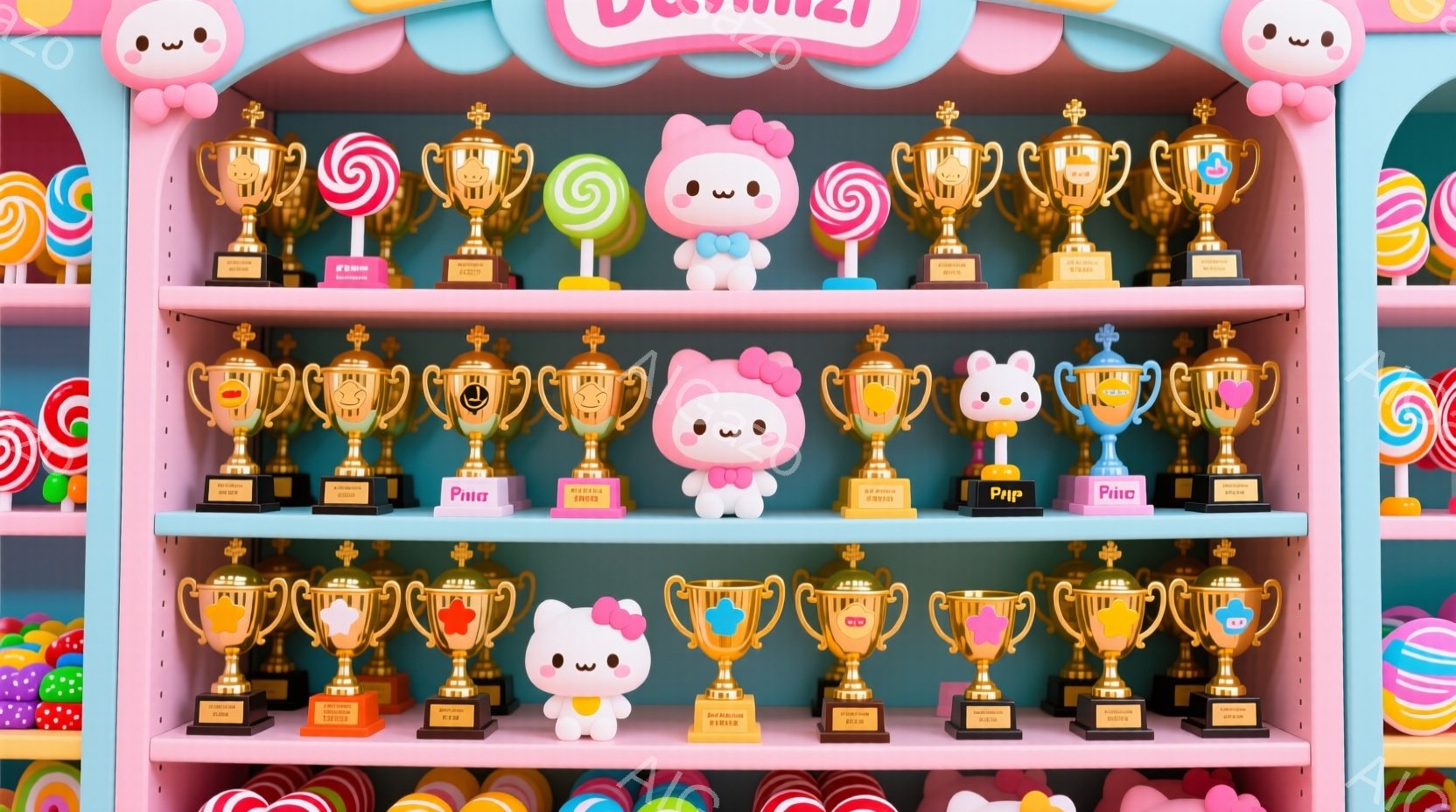 ピンク色の棚に、様々なデザインのトロフィーと、可愛らしいキャラクターのぬいぐるみ（白いウサギとピンク色のキティちゃん）が並べられています。トロフィーは金色のものが多く、それぞれに「PUI」と書かれたプレートが付いています。背景にはカラフルなキャンディが散りばめられており、全体的に明るく、お祝いムードを演出しています。