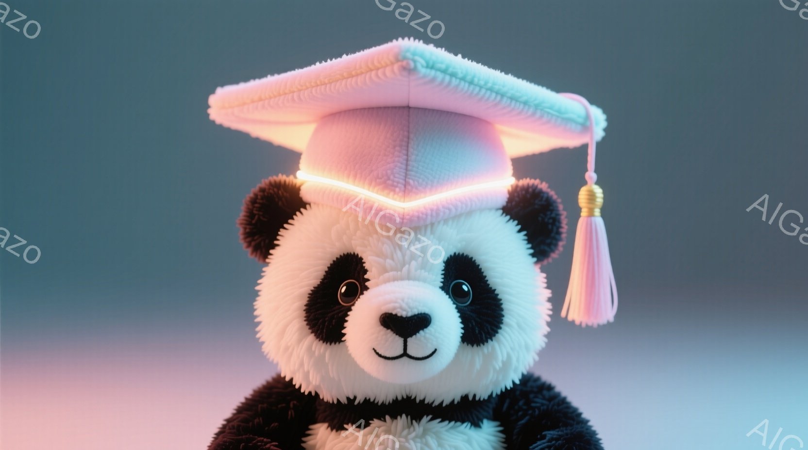 白黒のパンダが、卒業式で着用するような、タッセル付きの角帽をかぶっています。パンダは正面を見据え、穏やかな微笑みを浮かべており、ふっくらとした体型と愛らしい表情が特徴です。背景は淡いピンクと紫のグラデーションで、柔らかく暖かな雰囲気を醸し出しています。