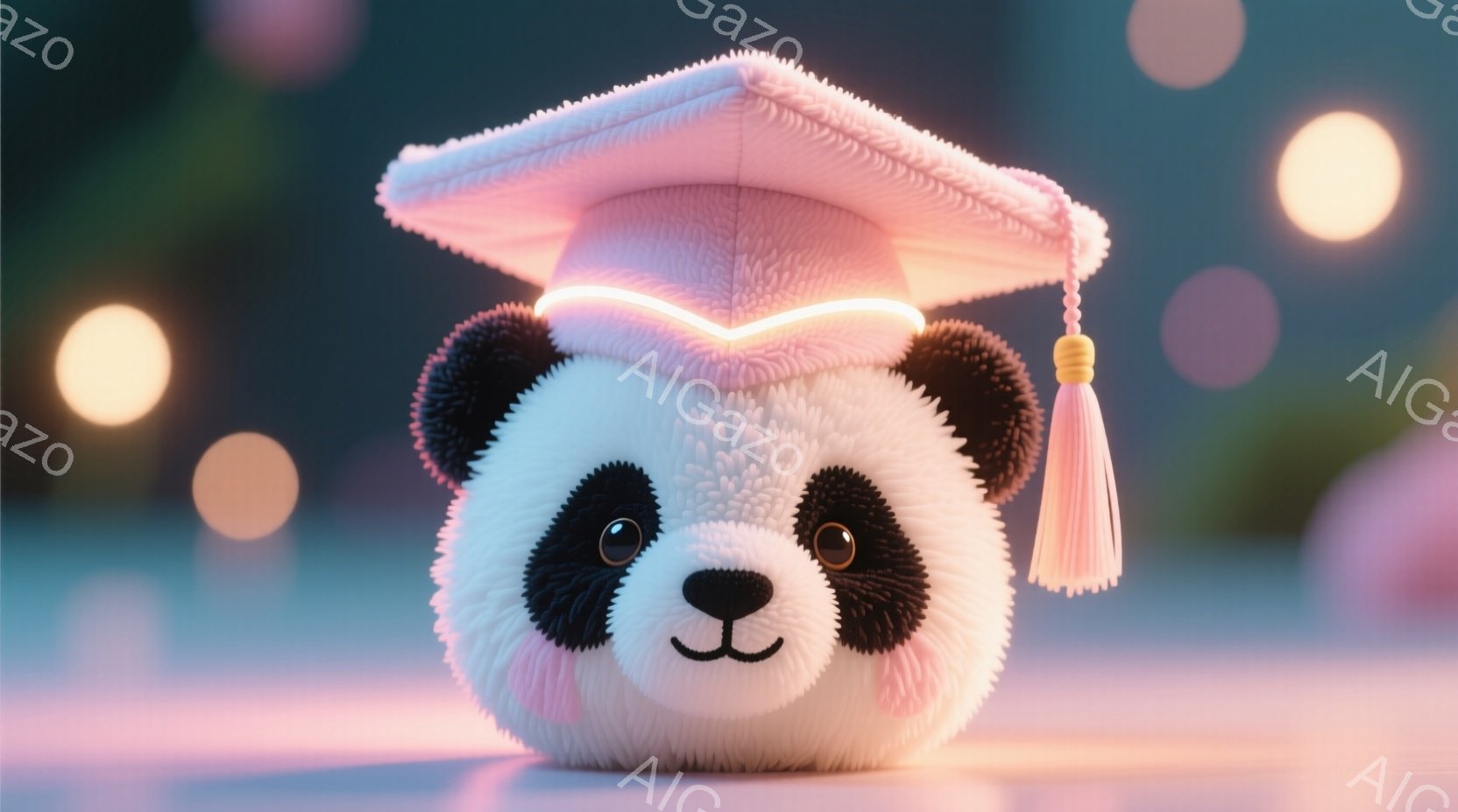ふわふわとした白いパンダが、ピンク色の卒業帽子をかぶって正面を見つめています。丸い頬はほんのり赤く、つぶらな瞳と小さく微笑んだ口が愛らしい表情を作り出しています。背景はぼやけたピンクと青のグラデーショ - AI生成フリー素材