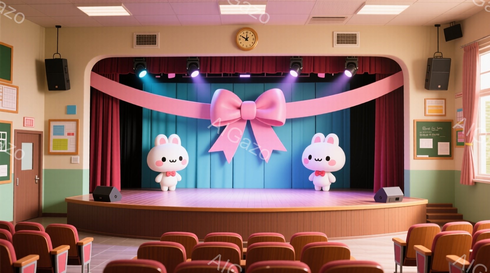 舞台中央には、可愛らしいピンク色のリボンをつけた2匹の白いウサギが立っています。彼らは赤い蝶ネクタイを身につけ、つぶらな瞳で穏やかな表情を浮かべています。背景は赤いカーテンで覆われた舞台で、観客席には赤色の椅子が整然と並んでいます。