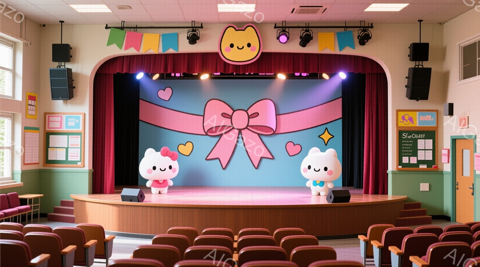 舞台には、ピンクのリボンが飾られており、可愛らしい雰囲気です。2つの白いキャラクターが立っており、それぞれ異なるポーズをとっています。観客席は赤色の椅子で埋め尽くされ、ステージと観客席の間に空間があり - AI生成フリー素材