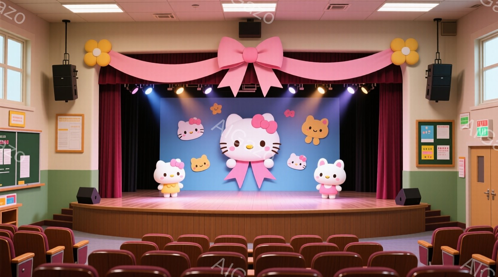 舞台には、ハローキティとキティの仲間たちが立っています。キティはピンクの大きなリボンをつけた可愛らしい姿で、仲間たちと共にステージ中央で微笑んでいます。背景には暗い青色のカーテンと、黄色い風船、そして客席が広がっており、お祝いの雰囲気を演出しています。