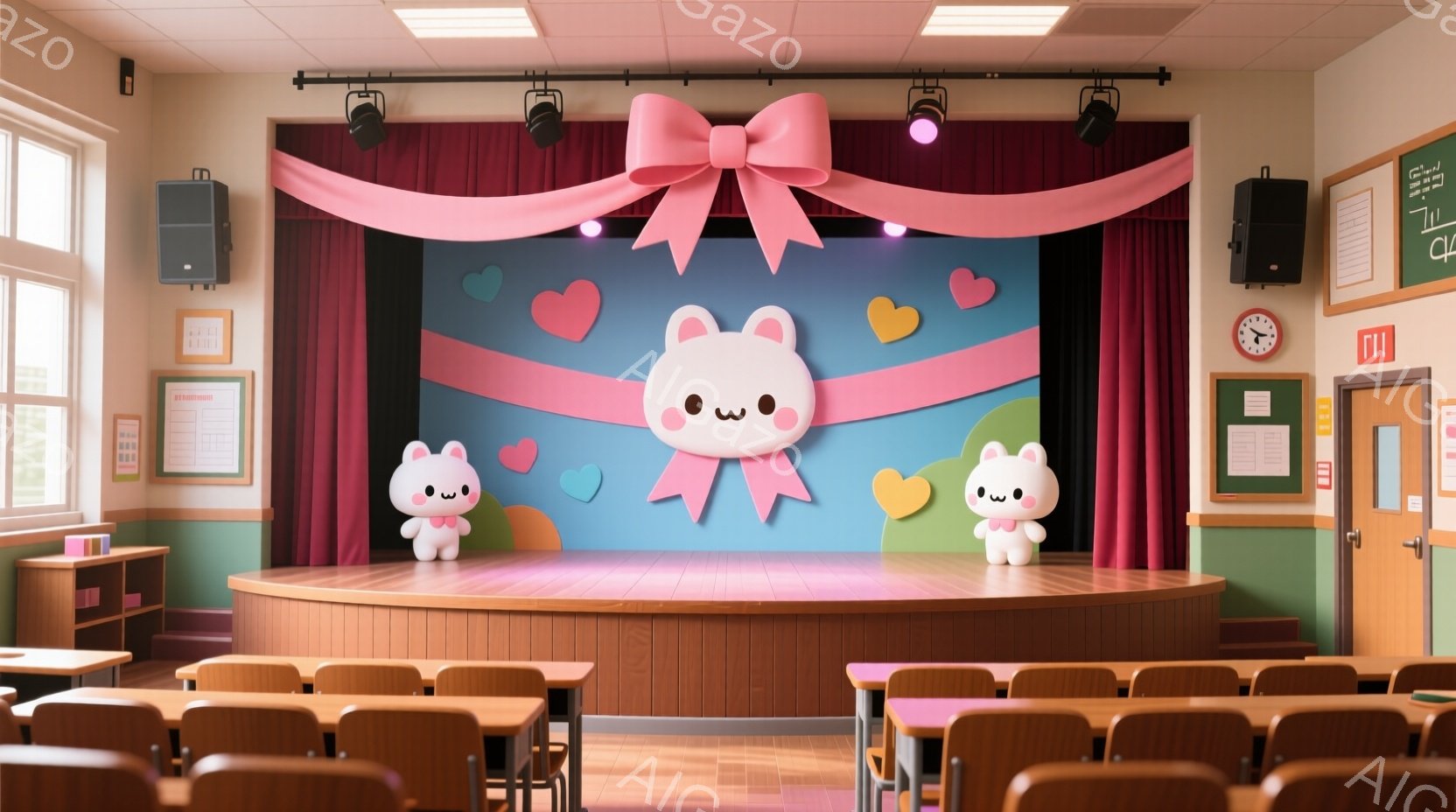 教室の舞台に、可愛らしいピンク色のリボンを付けた2匹の白いウサギのキャラクターが立っています。背景は赤いカーテンとカラフルなハートの装飾で、ステージは円形で、ウサギたちは赤い蝶ネクタイを着用し、微笑ん - AI生成フリー素材